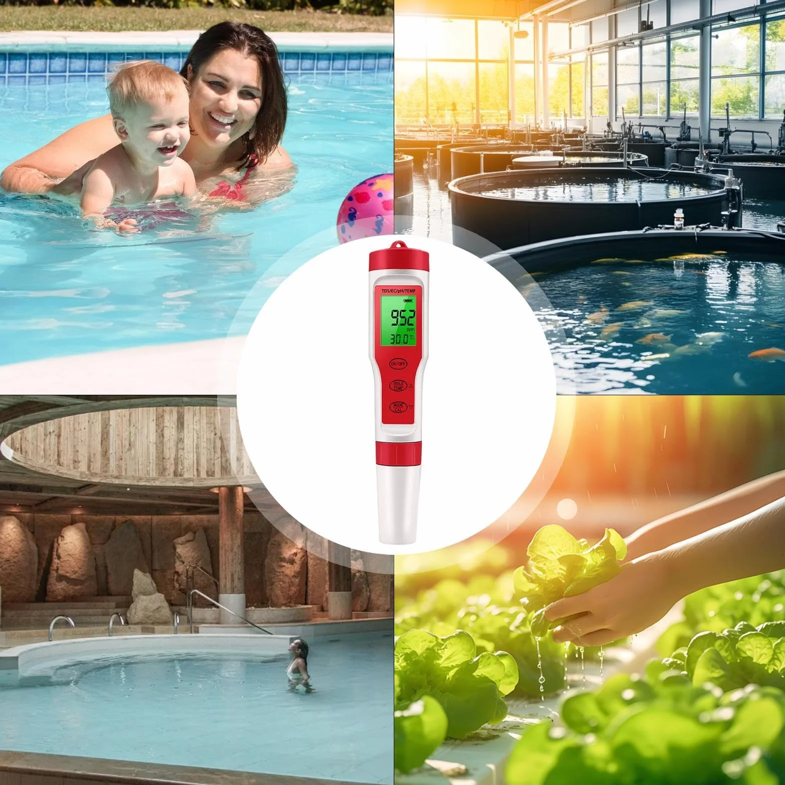 PH Reader per acqua, Water PH Tester, Elevata precisione 4 in 1 PH Digital PH METER, Misuratore di temperatura EC, strumento di test per i nutrienti che coltivano il giardinaggio idroponico