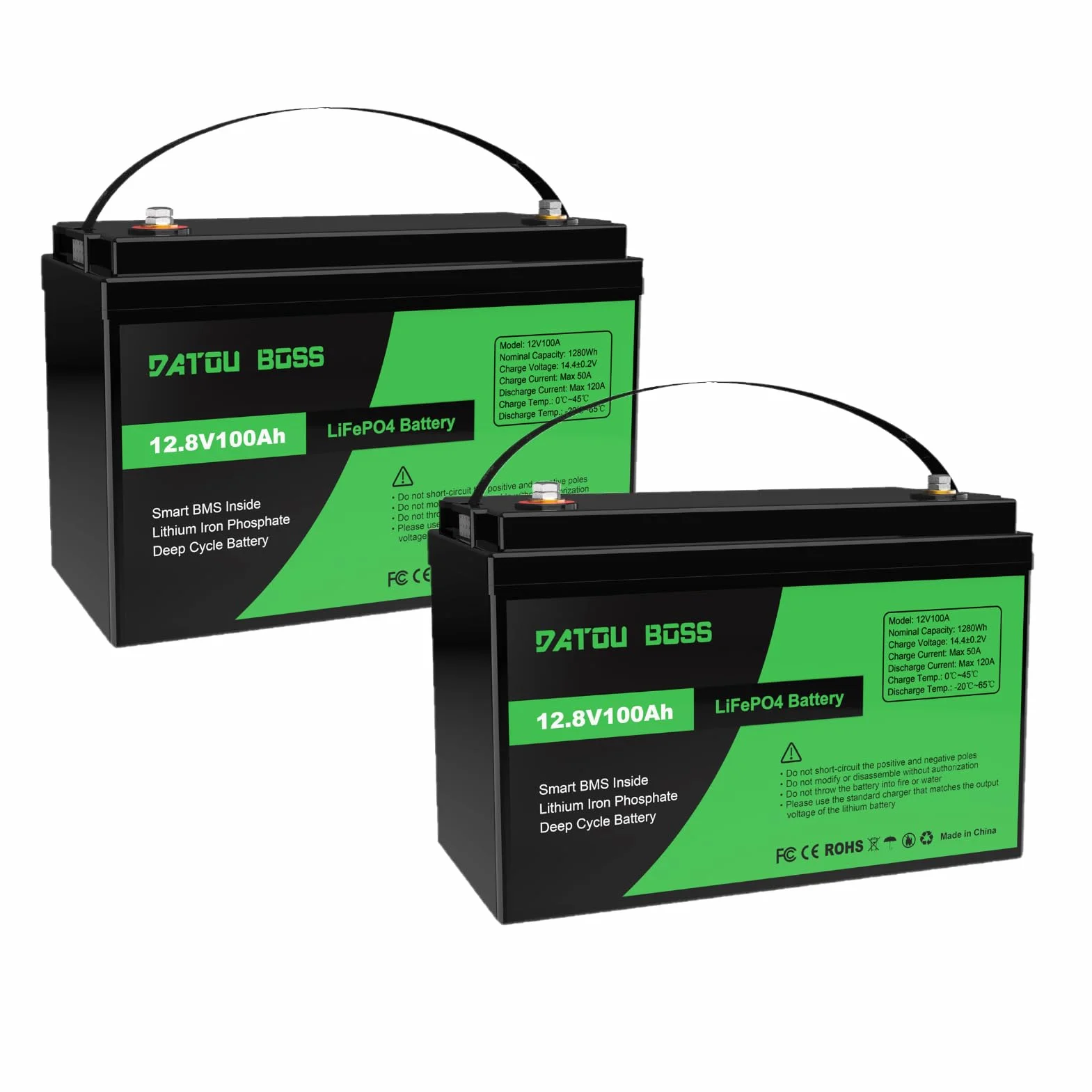 DATOUBOSS 2*Batteria al litio 12V 100Ah LiFePO4, BMS integrato 100A, fino a 8000-15000 cicli, uscita massima 1280Wh, perfetta per camper, pannelli solari, caravan, barche,Sistemi fuori rete