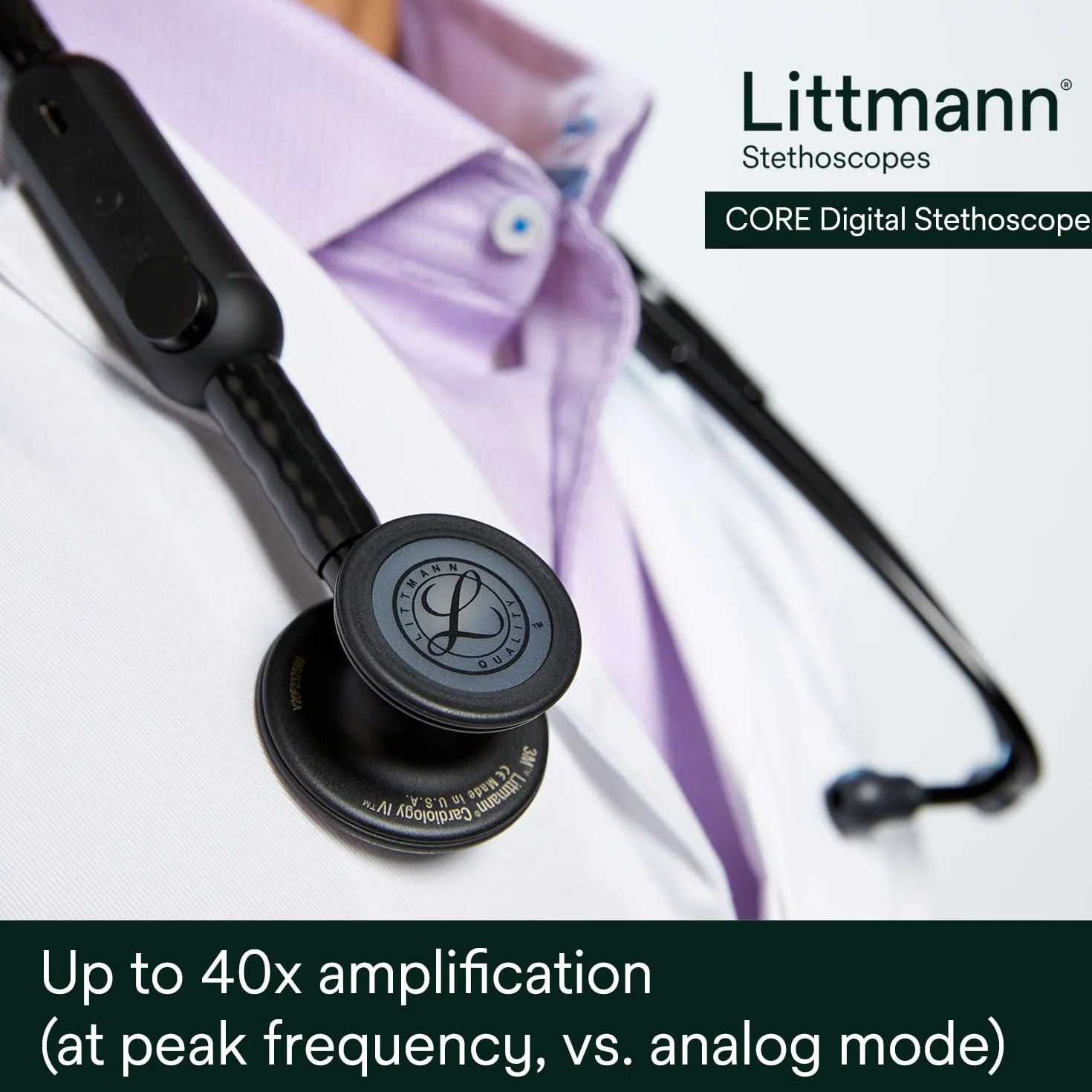 3M Littmann Stetoscopio Digitale CORE, 8490, testina nera, tubo, gambo e auricolare, 69 cm