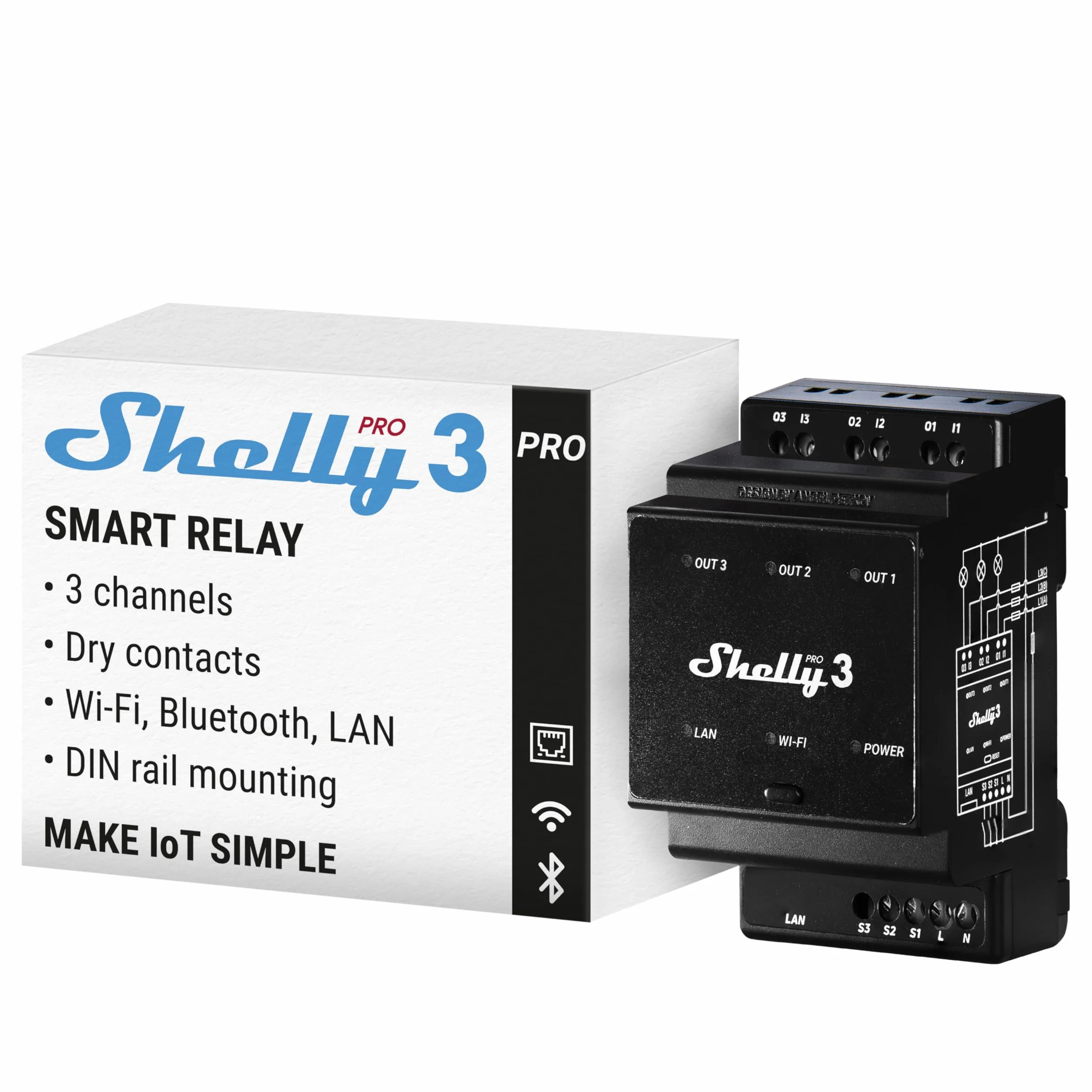Shelly Pro 3 - Wi-Fi & LAN Smart Relè Interruttore, Mono & Trifase, 3 Canali, 16A, Contatti Puliti, Porta Garage & Cancelli, Luci & Riscaldamento Telecomando, Guida DIN, Domotica, Nessun Hub Richiesto