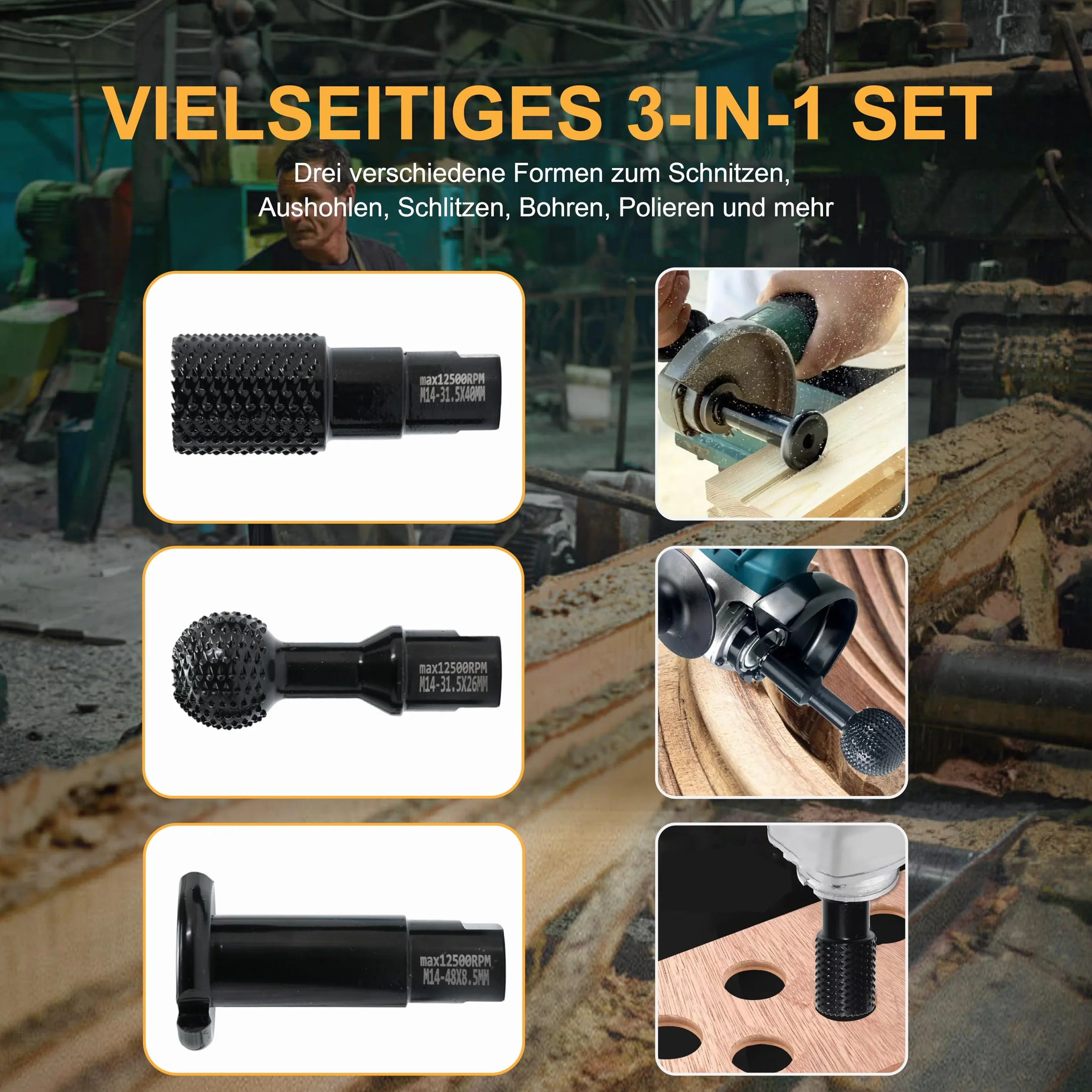 Set di frese per intagliare il legno, filettatura M14, 3 pezzi, per smerigliatrice angolare, 115 mm/125 mm, nero