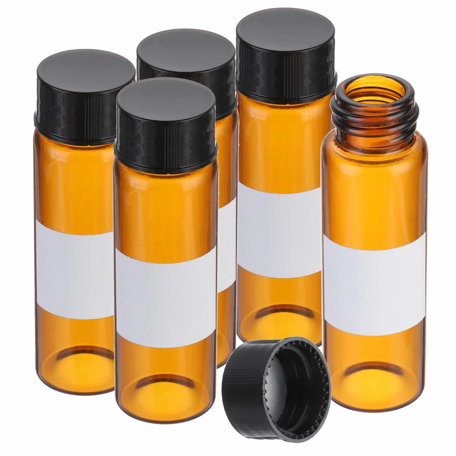 PATIKIL Piccoli flaconi modello in vetro con coperchio, 5 pezzi flaconi in vetro ambrato da 15ml con tappi a vite neri mini bottiglie sigillate antiperdita per reagenti con etichetta