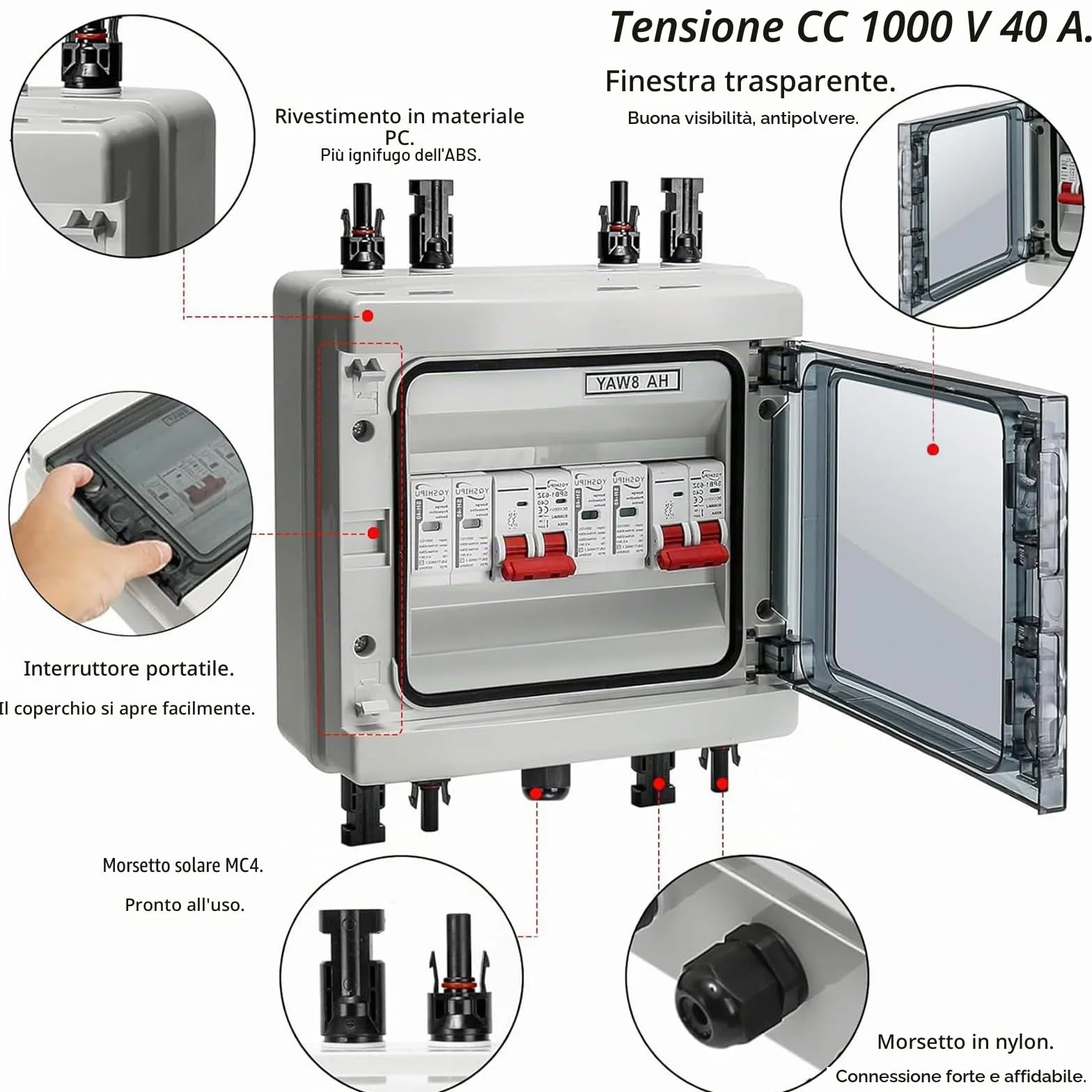 Scatola di Giunzione Solare Fotovoltaica, 1000V 40A Solar PV Combiner Box 2 in 2 out Scatola di Distribuzione Impermeabile, Interruttore Fotovoltaico con Spina Solare per Esterni Sistema Solare