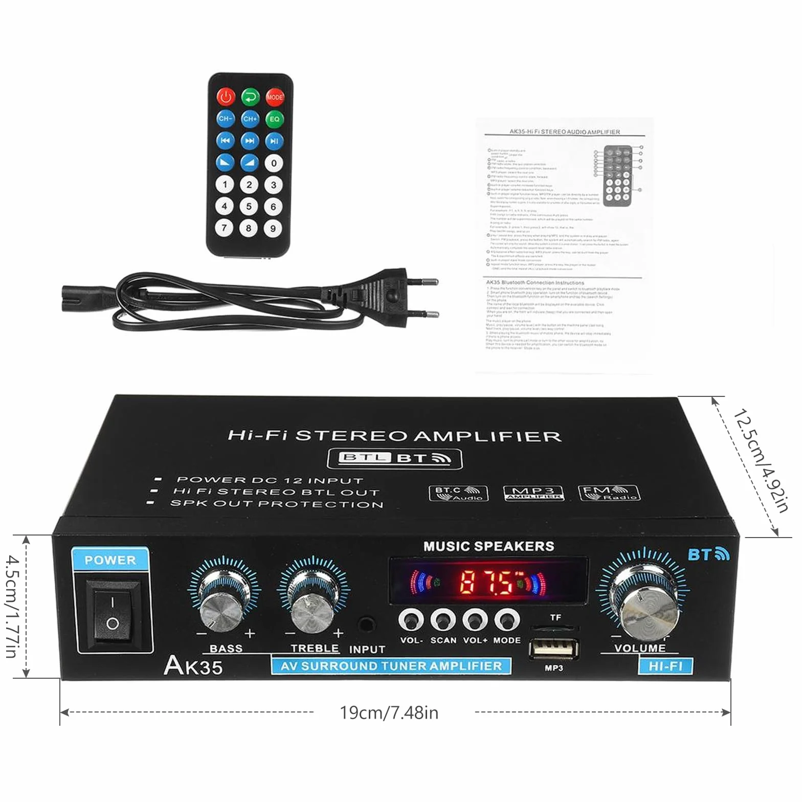 Amplificatore audio AK45, amplificatore stereo, amplificatore Bluetooth 5.0 HIFI con telecomando per auto e casa con ingresso MIC/SD/USB, radio FM