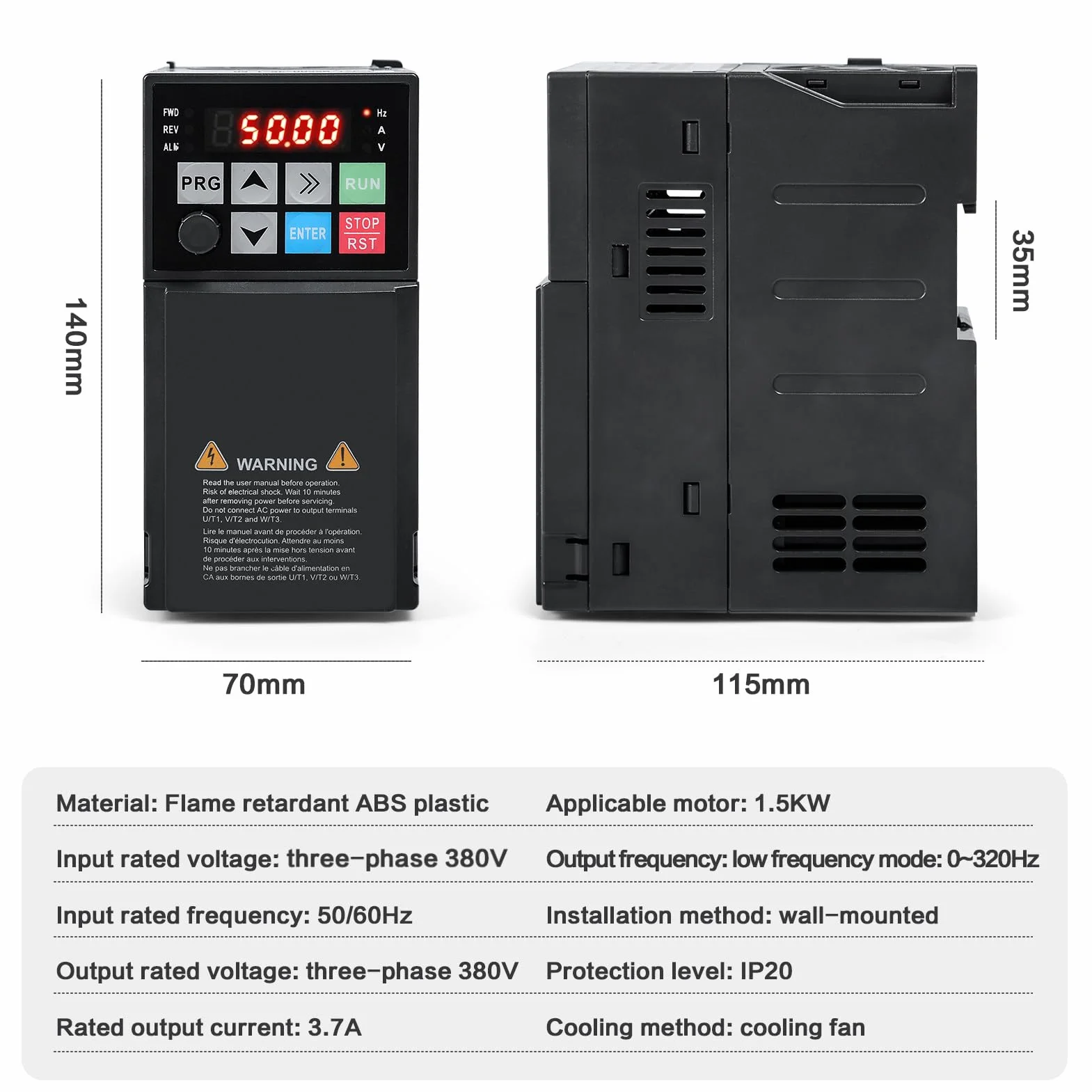 DEWIN Inverter per Motori Trifase,1.5KW 380V Azionamento a Frequenza Variabile Convertitore di Frequenza, 380V Ingresso Trifase,Uscita Trifase(Modello di Fabbrica:MS500-4T-1.5G)