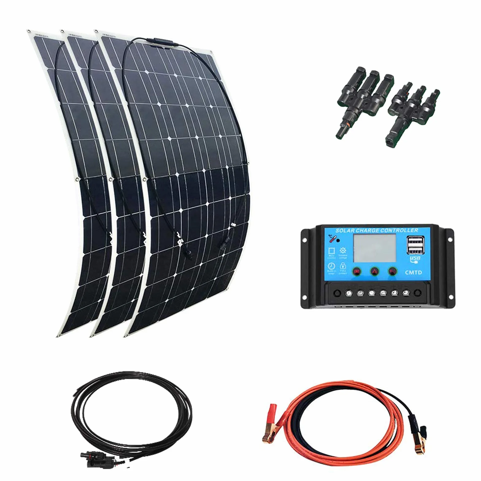 XINPUGUANG Pannello solare flessibile 300 W Kit 3pcs 100W 18V Modulo fotovoltaico monocristallino 30A Controller per RV Boat truck Car 12v Sistema domestico Carica della batteria (300w)