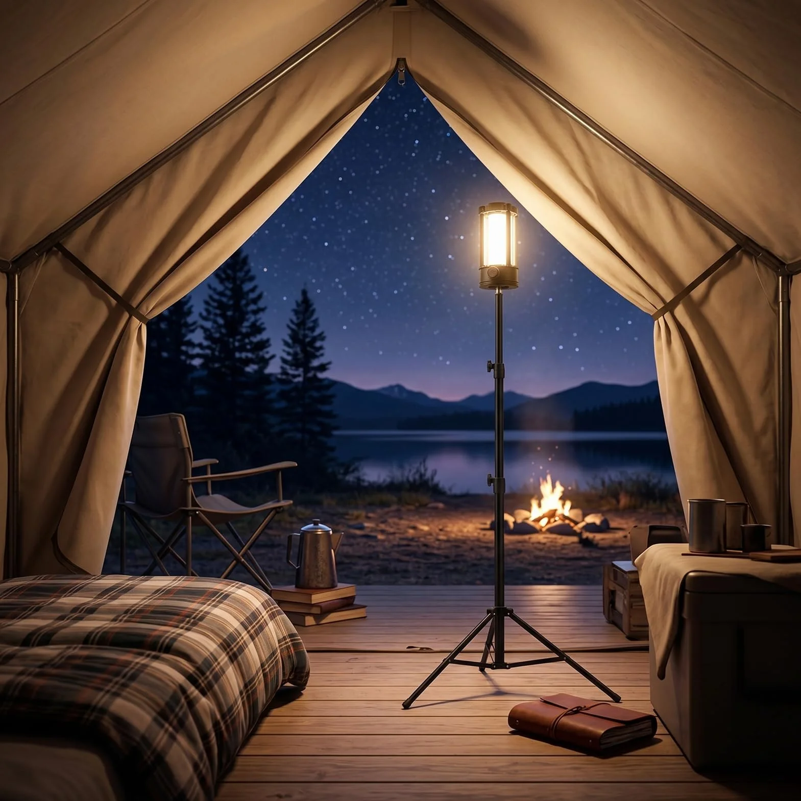 Luocute Luce da Campeggio Ricaricabile con Supporto, 4 Pannelli LED Regolabili 4100LM 6000K Lanterna Portatile Dimmerabile, con Base Magnetica Treppiede per Tenda da Campeggio di Emergenza