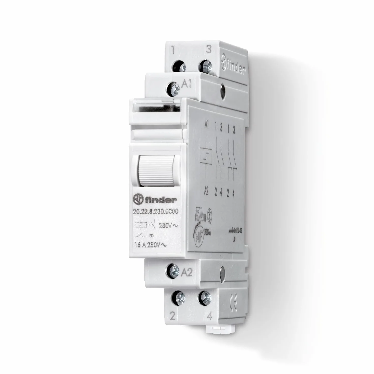 Finder Relè ad impulsi modulare Tipo 20.22. Dotato di interruttore bipolare 2 NO 16 A. Pulsante di prova e indicatore meccanico. Montaggio diretto su barra 35mm