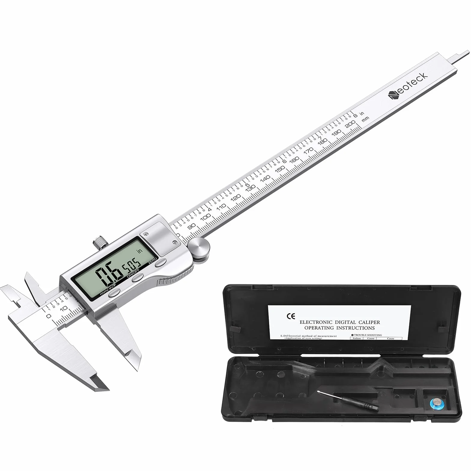 Neoteck Calibro Digitale 200mm / 8Pollice Elettronico Calibro a Corsoio Acciaio Inox Conversione Metrica/Inch/Frazioni Strumento Misurazione LCD per Lunghezza Larghezza Diametro Interno ed Esterno