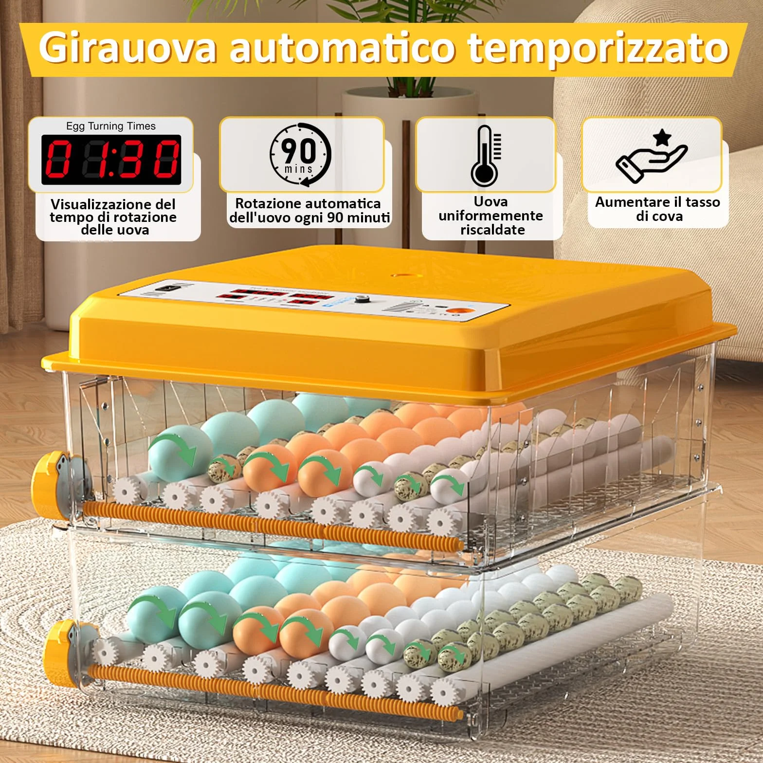 Incubatrice per Uova Automatica, Incubatrice per 120 Uova, Rotazione Automatica, Monitoraggio dell'umidità, Controllo Temperatura, 5 Modalità di Incubazione Automatica, Giorni d'incubazione