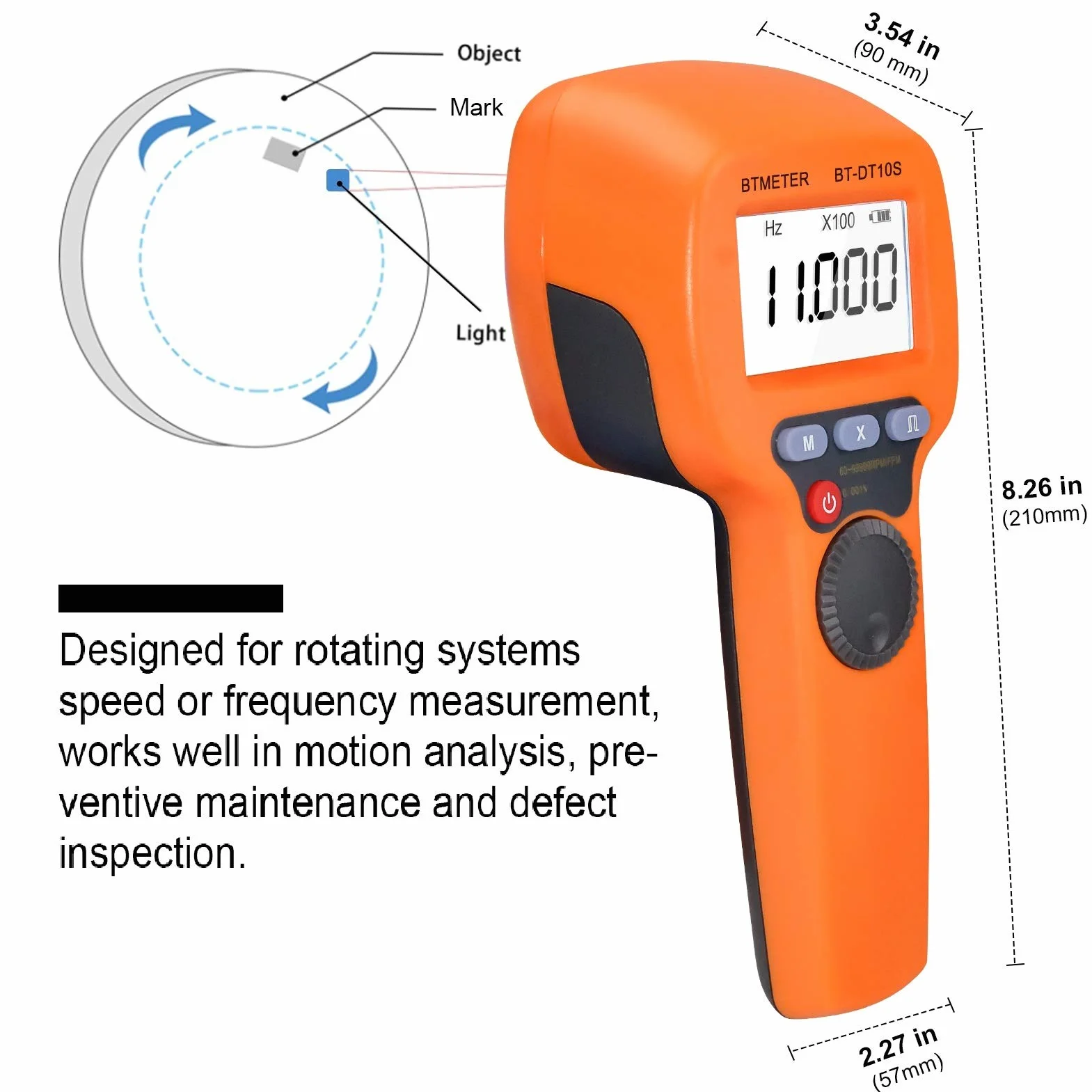 BTMETER Stroboscopio portatile digitale BT-DT10S, contagiri stroboscopico flash LED, 60~99999 FPM Tachimetro Hz Velocity Tester,Analizzatore di velocità di rotazione senza contatto
