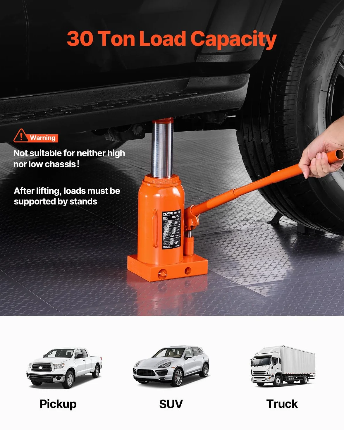 VEVOR Cric Idraulico a Bottiglia 30T, Cricco a Bottiglia Saldato con Portata Sollevamento 285-475 mm e Maniglia Lunga a 3 Sezioni, Cric per Pick-Up, Camper, Riparazioni Auto, Ingegneria Industriale