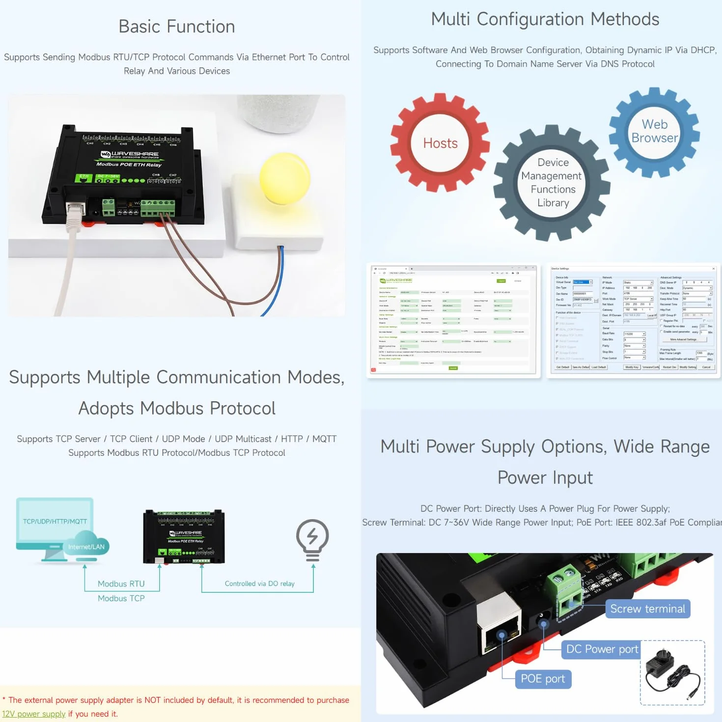 Waveshare 8-Ch Ethernet Relay Module, Modbus RTU/Modbus Transmission Control Protocol, PoE Port Communication, with Various Isolation and Protection Circuits, Industrial Grade Rail-Mount Case