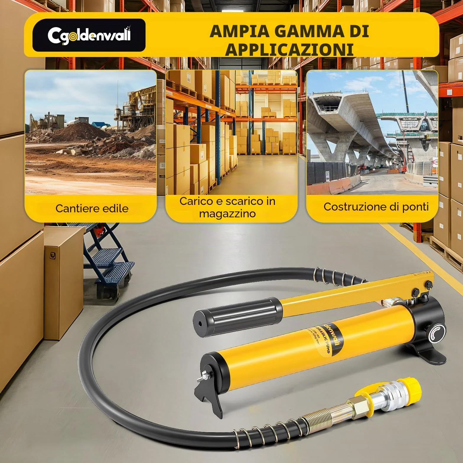 CGOLDENWALL CP-180 Pompa Idraulica Manuale, Alta Pressione 60kg/cm², Contenuto di Olio 400cc, con Lunghezza Tubo 0,8m, per Martinetti 10T/20T