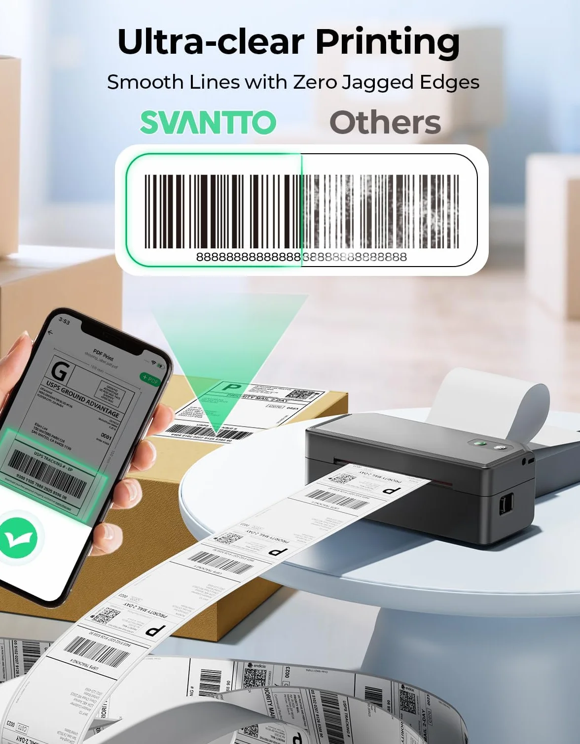 SVANTTO Stampante etichette spedizione Bluetooth 10x15cm, compatibile con e Bay, Etsy, Shopify, Compatibile con iOS, Android, macOS e Windows, Offre un’ampia libreria di etichette personalizzabili