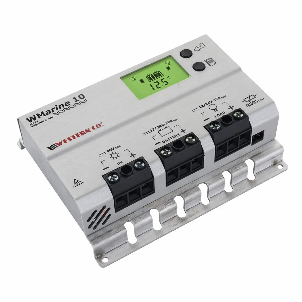Western CO | Modello WMARINE10 | Regolatore di Carica MPPT 10A 12/24V, Regolatore di Tensione Carica Impianto Fotovoltaico, Circuito Buck-Boost, Display Grafico, Funzione Crepuscolare