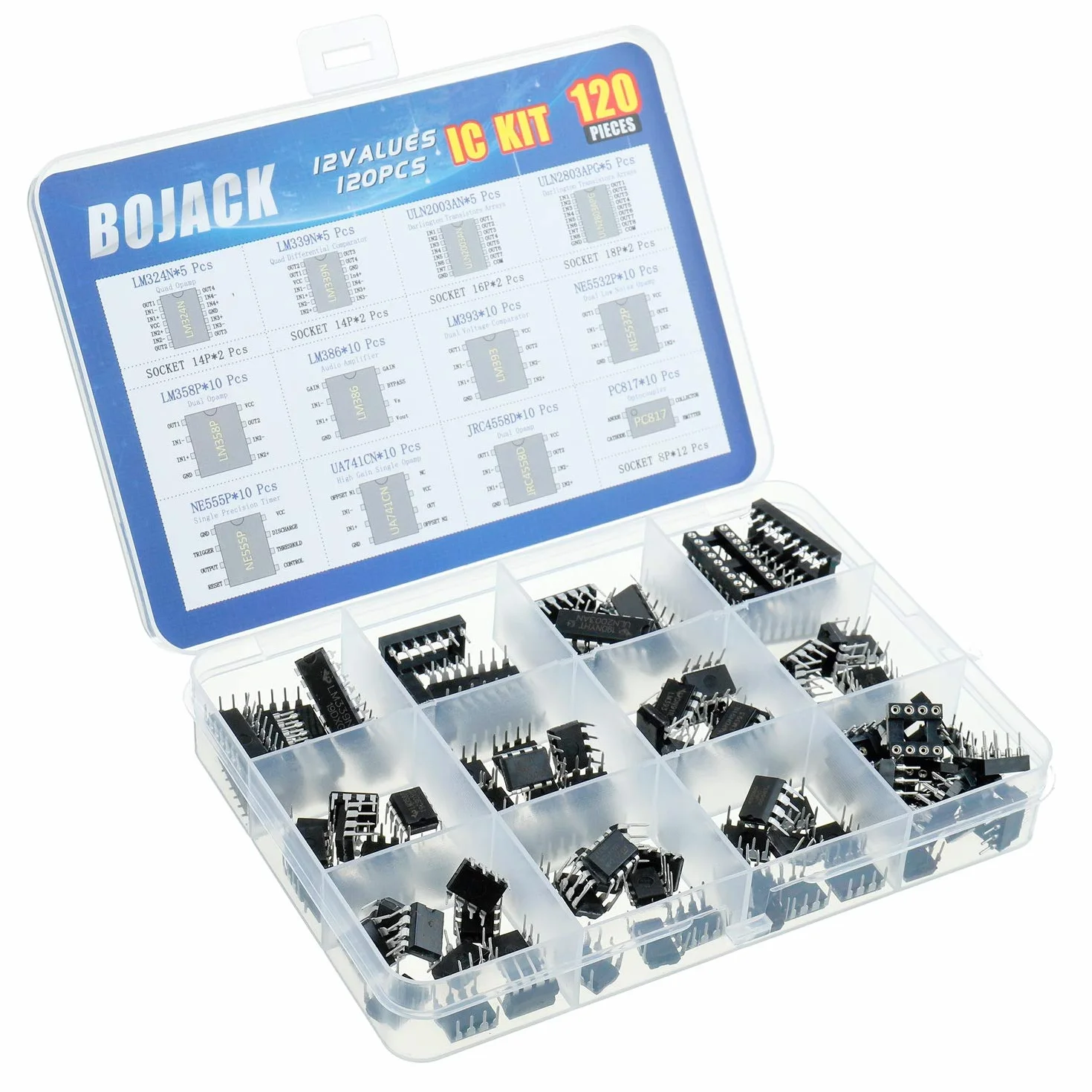 BOJACK 12 Valori 120 pezzi IC Timer Opamp Accoppiatore Darlington LM324 LM339 ULN2003AN ULN2803APG LM358P LM386 LM393 NE5532P NE555P UA741CN JRC4558D PC817 assortimento Kit