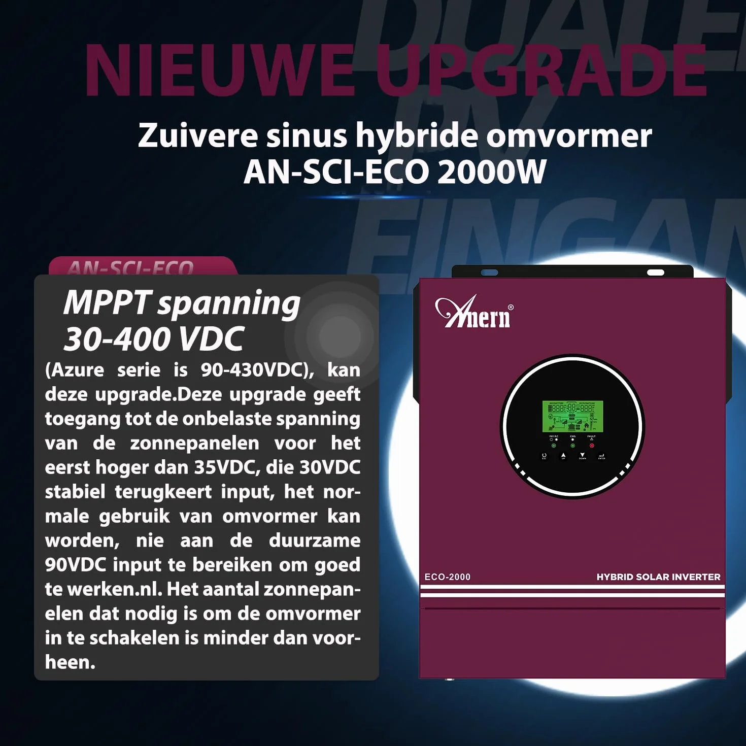Anern Inverter Solare Ibrido da 2000W 12 VDC a 220V/230VAC con regolatore Solare 80A, Ingresso PV Max.400 V, Funzionamento con batterie al Piombo da 12V e al Litio
