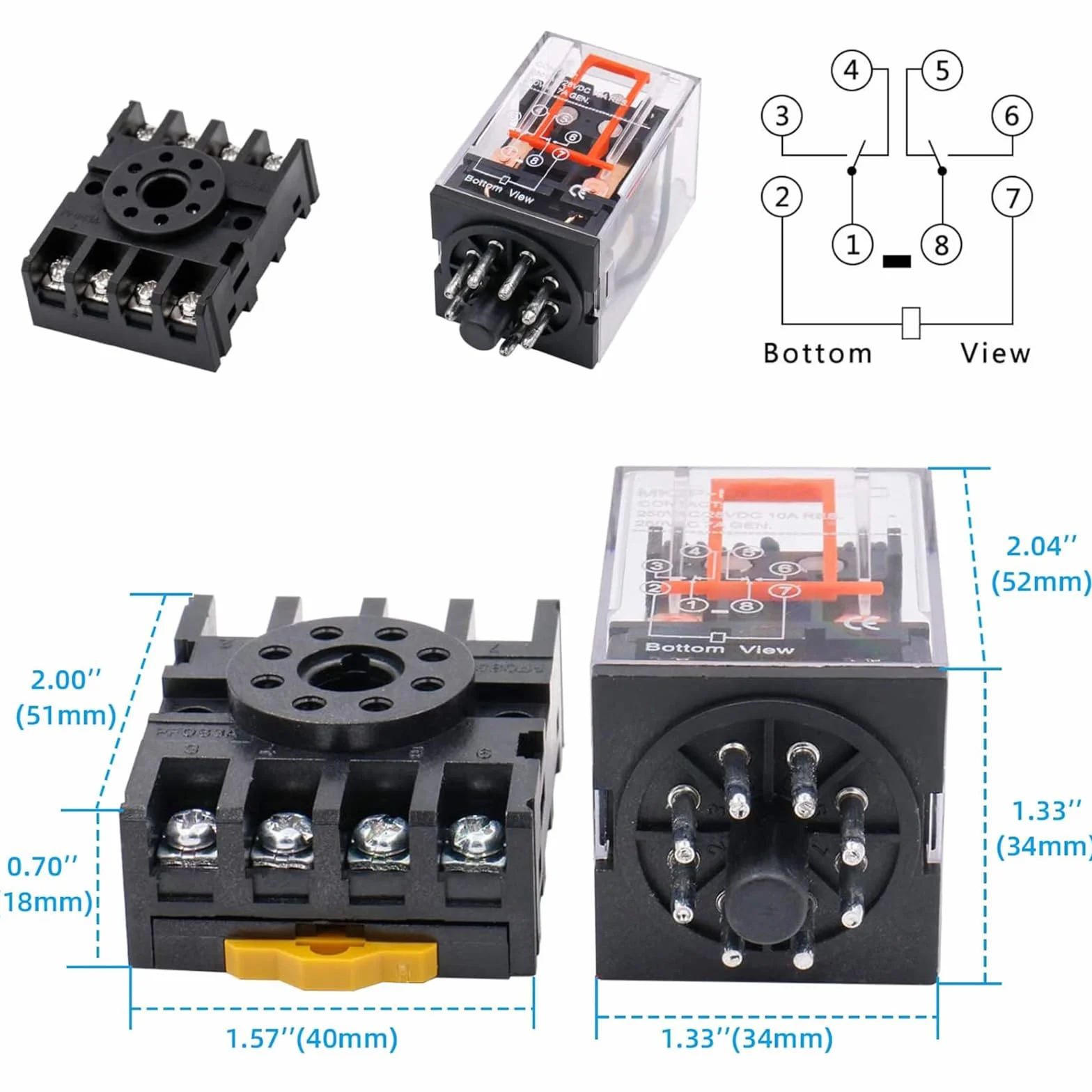 Binghe Rele 220v, Piccolo relè, Relè a doppio scambio,Relè di uso MK2P-I AC 220V bobina DPDT 8 pin con il suo zoccolo plug-in PYF83A Doppio contatto di scambio