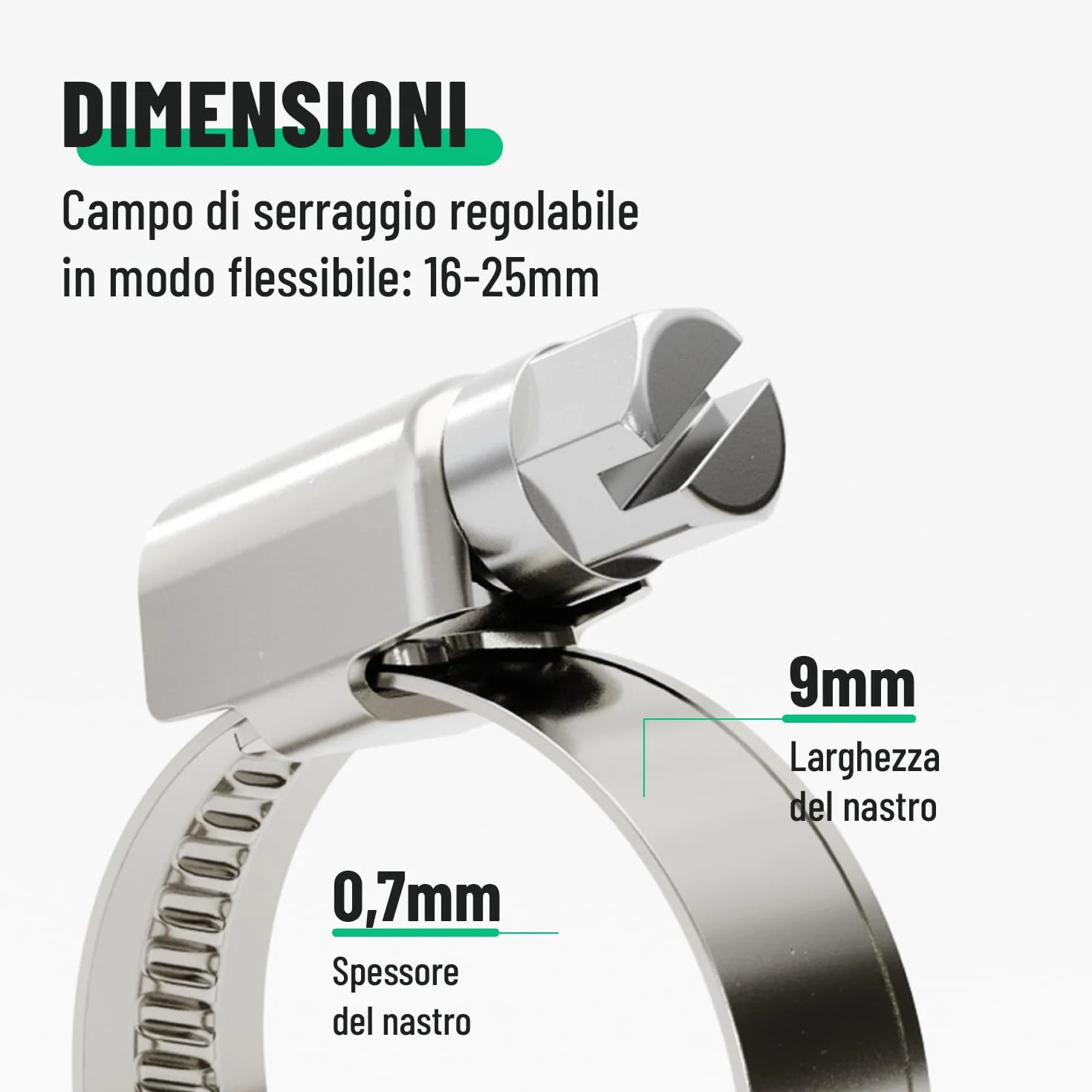 Fascette Stringitubo Acciaio Inox 16-25 mm a Vite Regolabile Larghezza 9 mm 10 Pezzi