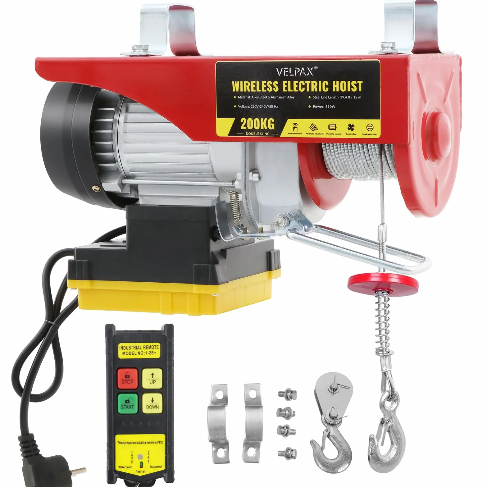 Paranco Elettrico, Capacità di Sollevamento 200 kg, Altezza di Sollevamento Elettrica 12 m, Argano Elettrico 510W, Velocità di Sollevamento 11m/min, Vericello con Radiocomando, con Puleggia e Cavo