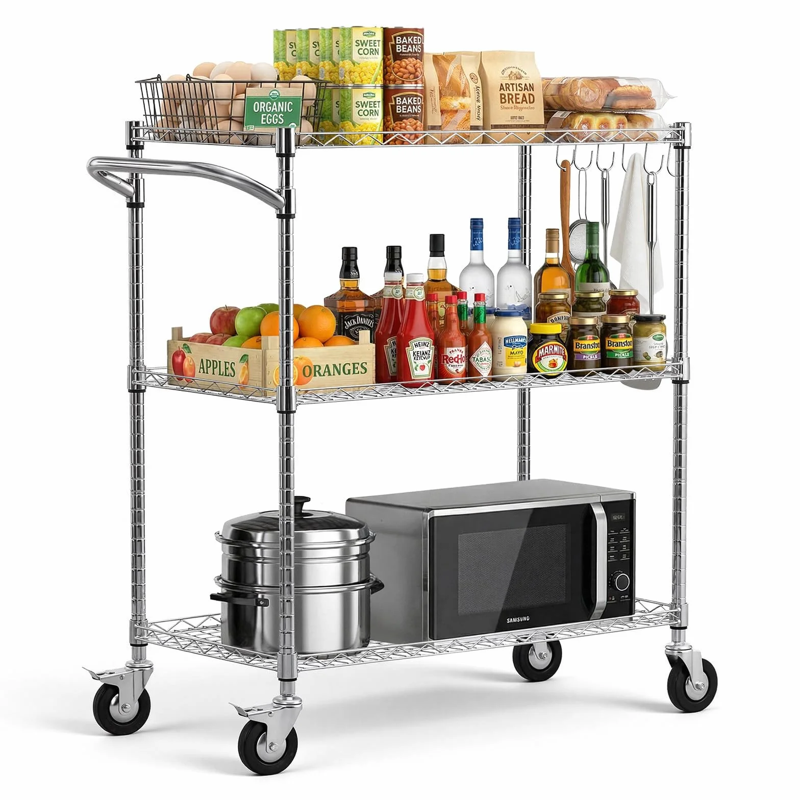VEVOR Carrello da Servizio da Cucina 3 Ripiani, Carrellino di Servizio Carico max 300 kg con Ruote Ripiani in Filo Metallico Altezza Regolabile in Metallo, Carrello Portaoggetti da Garage Cucina
