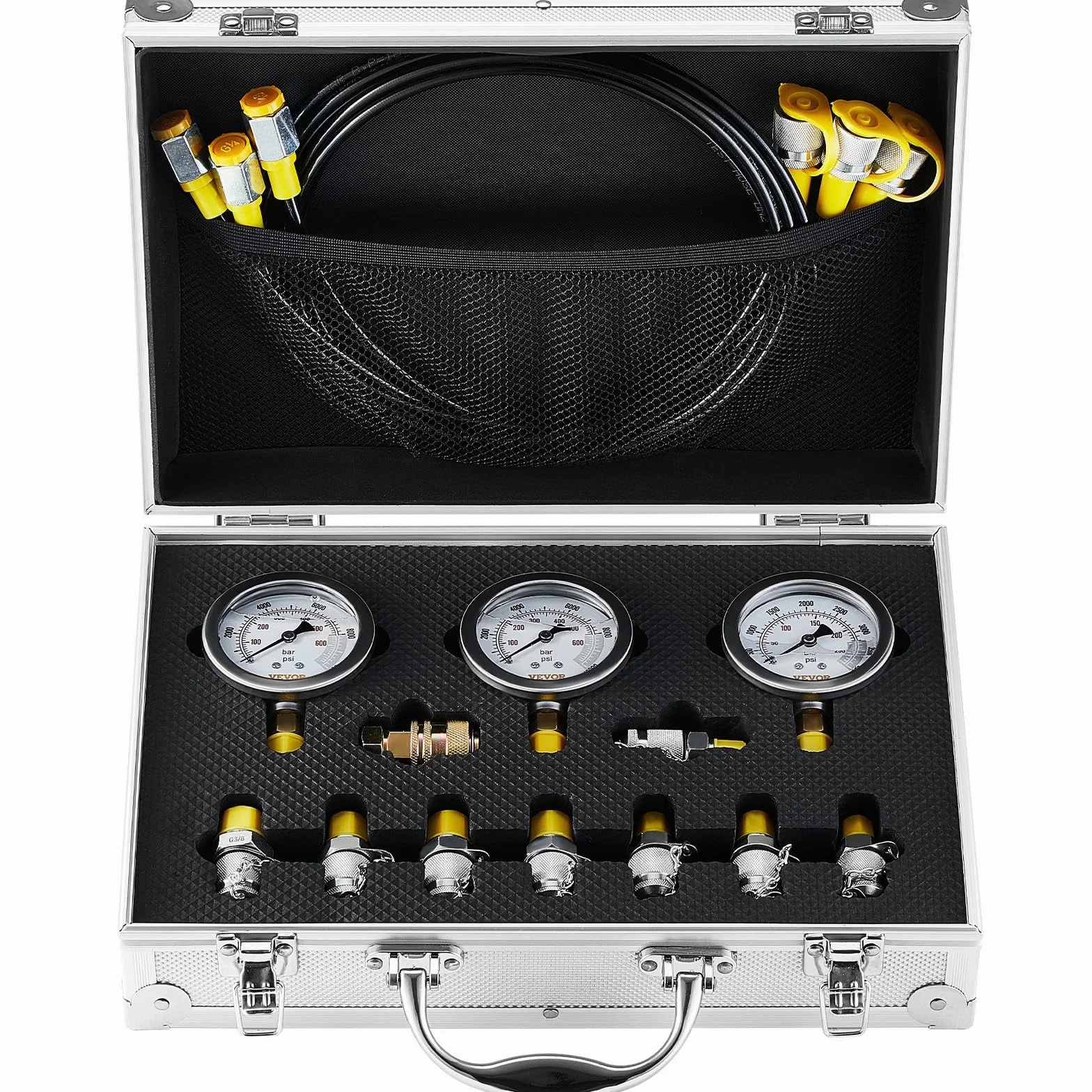 VEVOR Kit per Prova di Pressione Idraulica, 250/400/600 Bar, 3 Manometri 9 Giunti di Prova 3 Tubi di Prova, Set di Misuratori per Prova Idraulica per Escavatori Trattori Macchine Edili