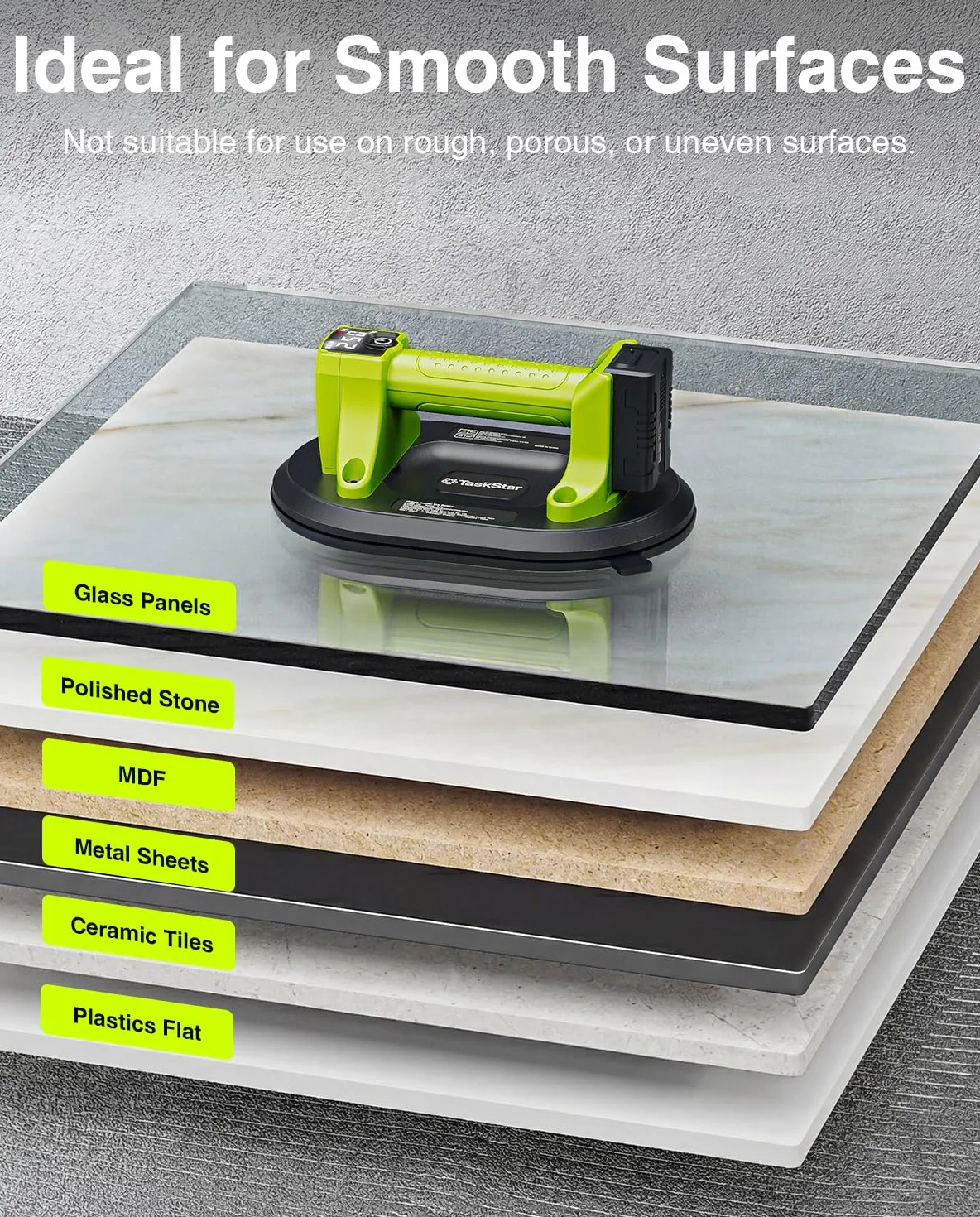 Taskstar Ventosa Elettrica: Ventosa a Batteria da 25cm per Piastrelle con 4x Batteria da 3000mAh - Carico verticale 250 kg - Display LCD, Sollevatore a Vuoto Senza Fili per Piastrelle (Verde)