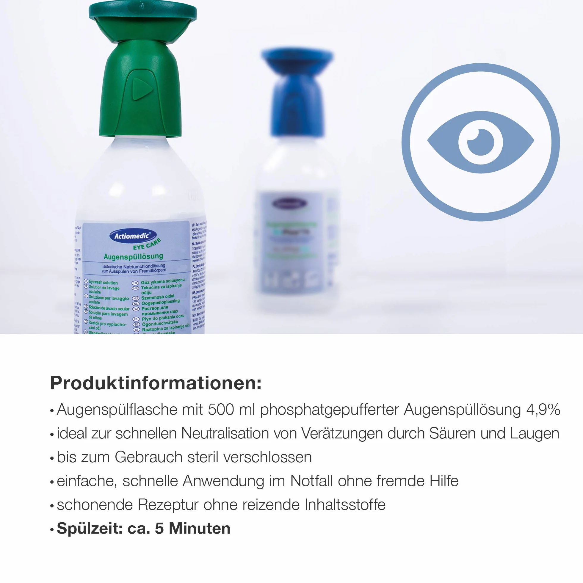 ACTIOMEDIC I Soluzione per lavaggio oculare tamponata ai fosfati BioPhos®74 4,9%, Collirio sterile per rimuovere le sostanze chimiche dagli occhi, Dispositivi primo soccorso, 500 ml