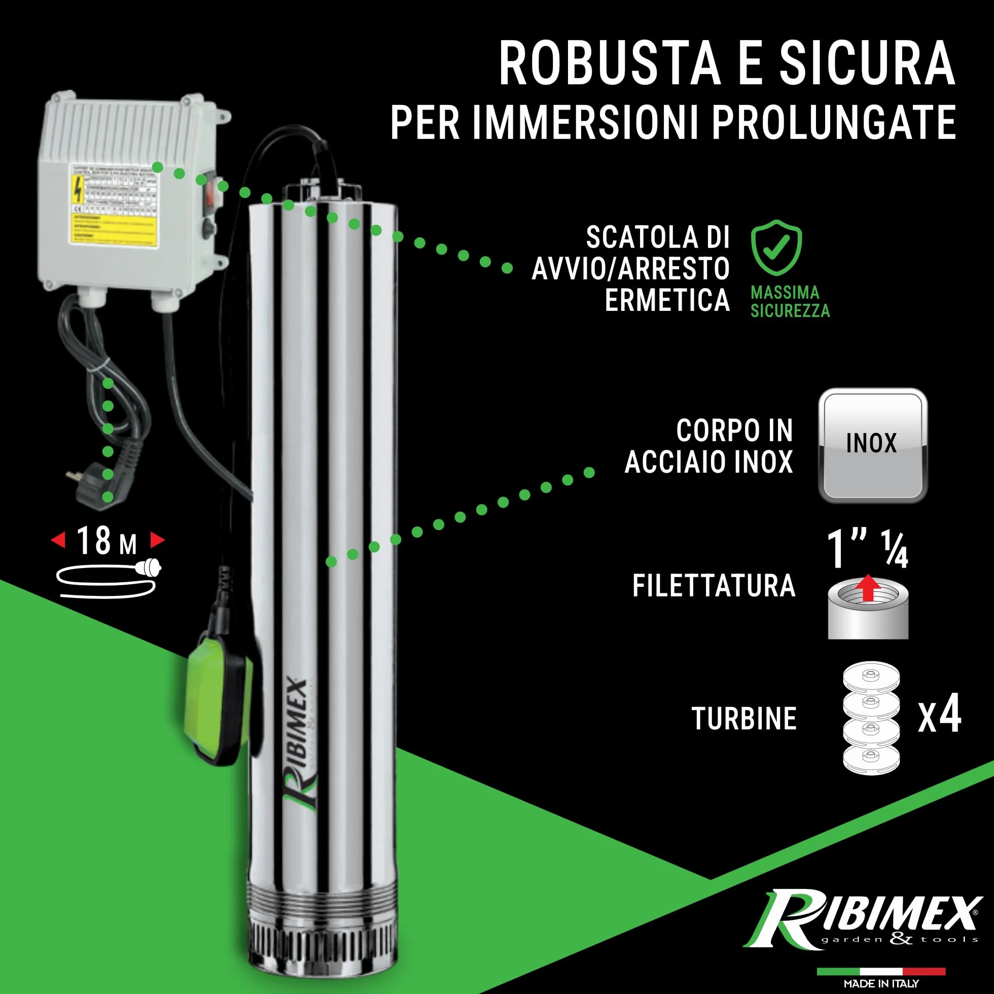 Ribimex Pompa Sommersa per Pozzi 4 Turbine, Acque Chiare, 750W, Portata 8000L/h, Immersione Max 15 m, Prevalenza 43 m, in Acciaio Inox, Ideale per Pozzi, Cisterne e Serbatoi - PRPVC751/43F