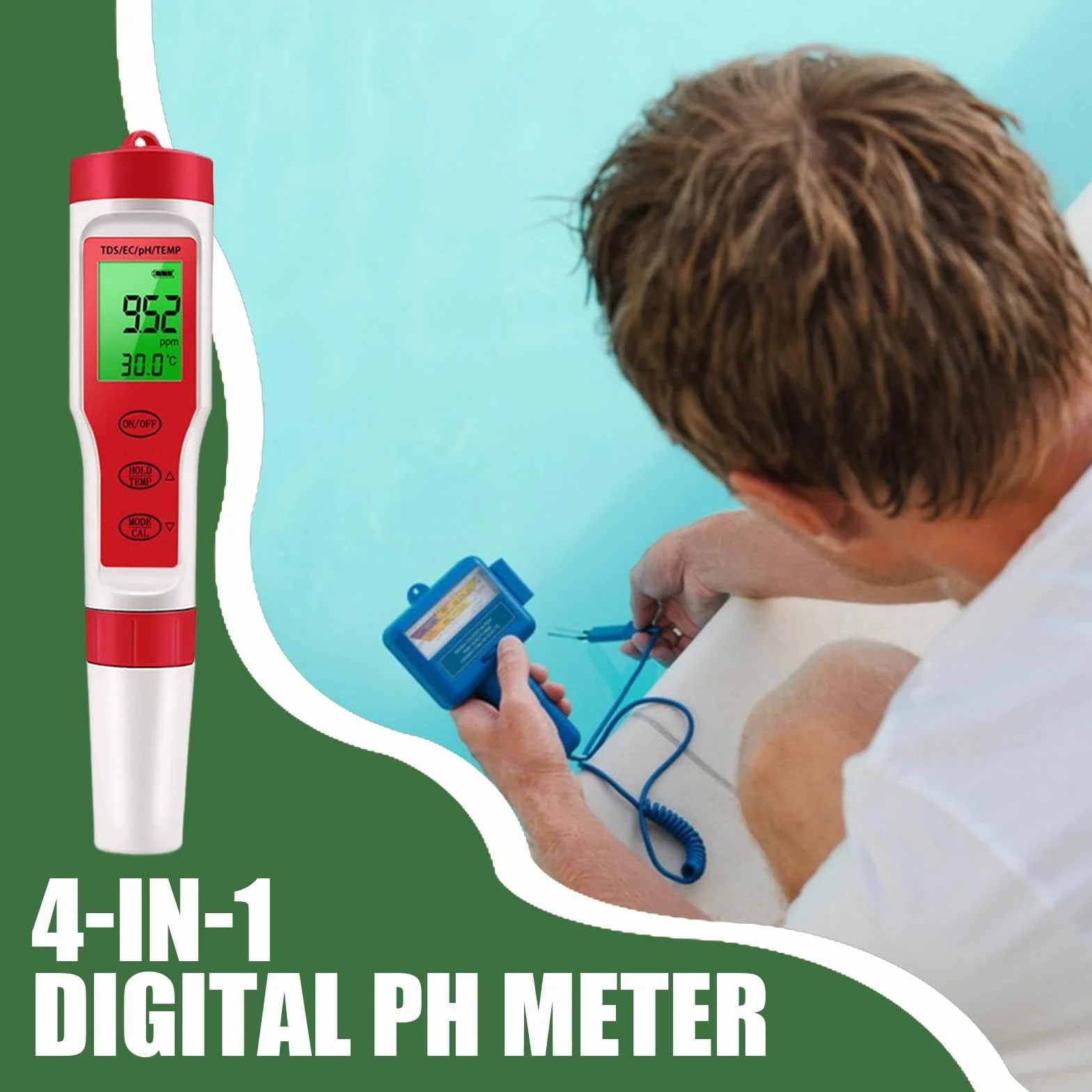 PH Reader per acqua, Water PH Tester, Elevata precisione 4 in 1 PH Digital PH METER, Misuratore di temperatura EC, strumento di test per i nutrienti che coltivano il giardinaggio idroponico