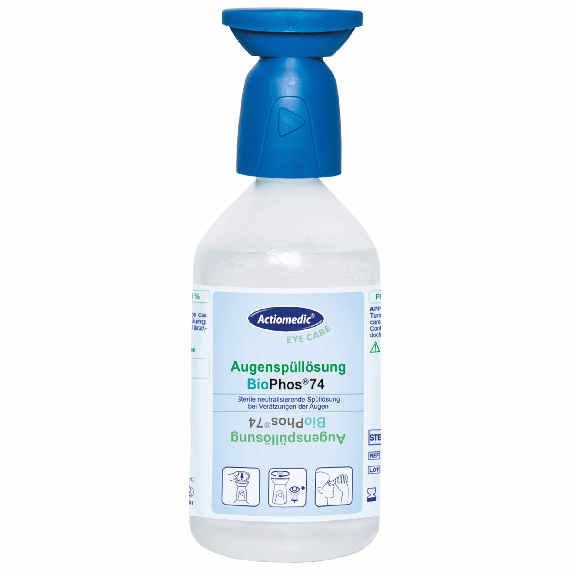ACTIOMEDIC I Soluzione per lavaggio oculare tamponata ai fosfati BioPhos®74 4,9%, Collirio sterile per rimuovere le sostanze chimiche dagli occhi, Dispositivi primo soccorso, 500 ml