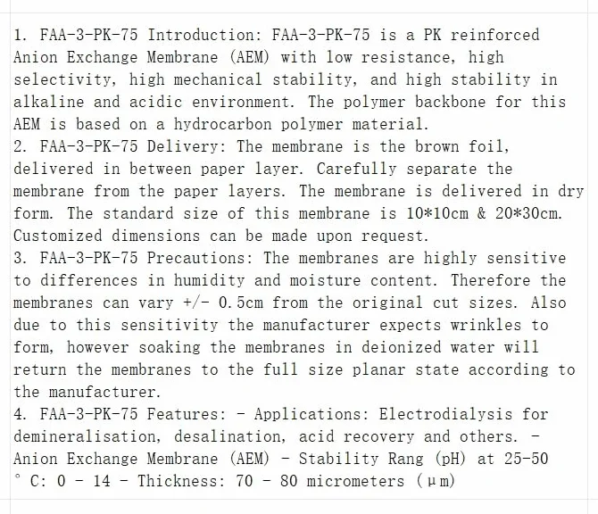 Membrana a scambio anionico ad alte prestazioni FAA-3-PK-75 e FAA-3-PK-130 for elettrolisi alcalina ed elettrodialisi - Opzioni di spessore e dimensioni ottimali(FAA-3-PK-130-10CMx10CM)
