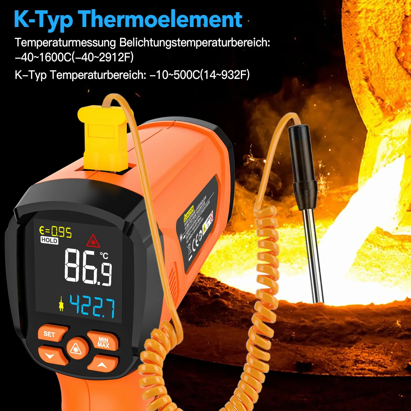 MESTEK Termometro a Infrarossi Digitale -40°C~1600°C con K-Probe Senza Contatto LCD