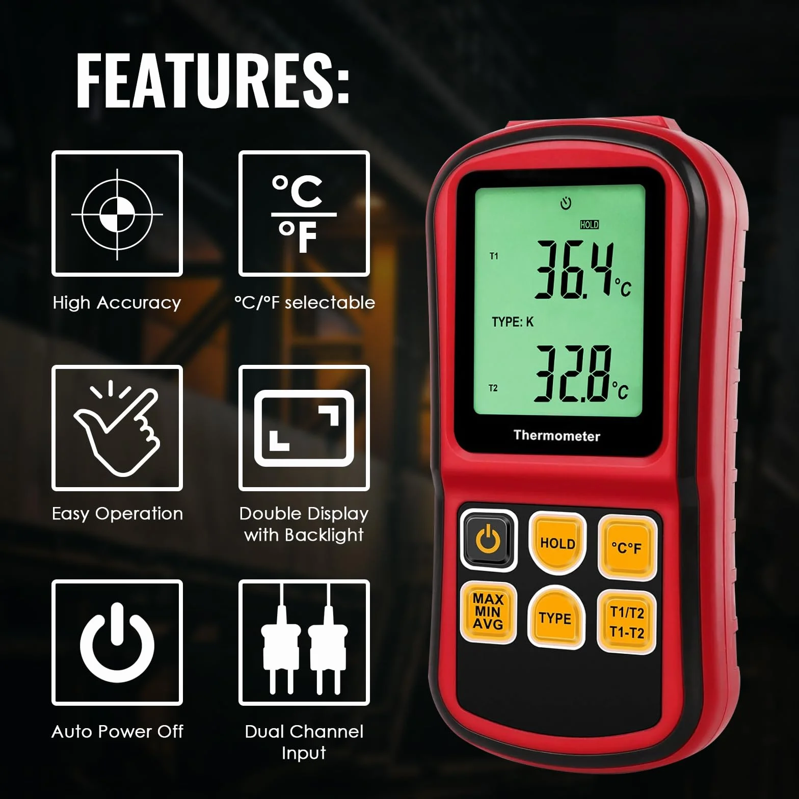 Termometro a termocoppia a doppio canale Tipo K/J/T/E/R/S/N -150~1767 °C Misuratore di temperatura digitale Retroilluminazione 2 sonde