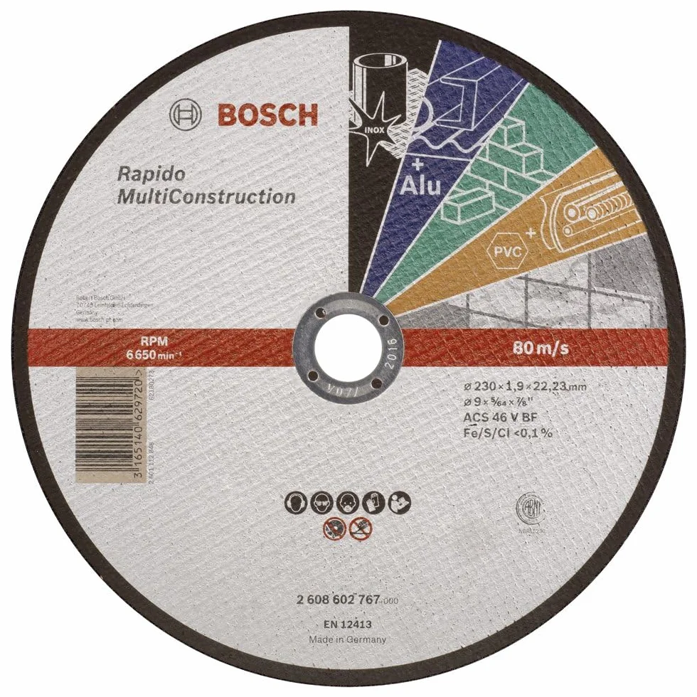 Bosch 1x Mola da taglio PRO Multi Construction grandi, foro 22,23 mm (per Acciaio inossidabile, Metalli non ferrosi, Ø 230 mm, Professional Accessorio Smerigliatrice angolare grande)