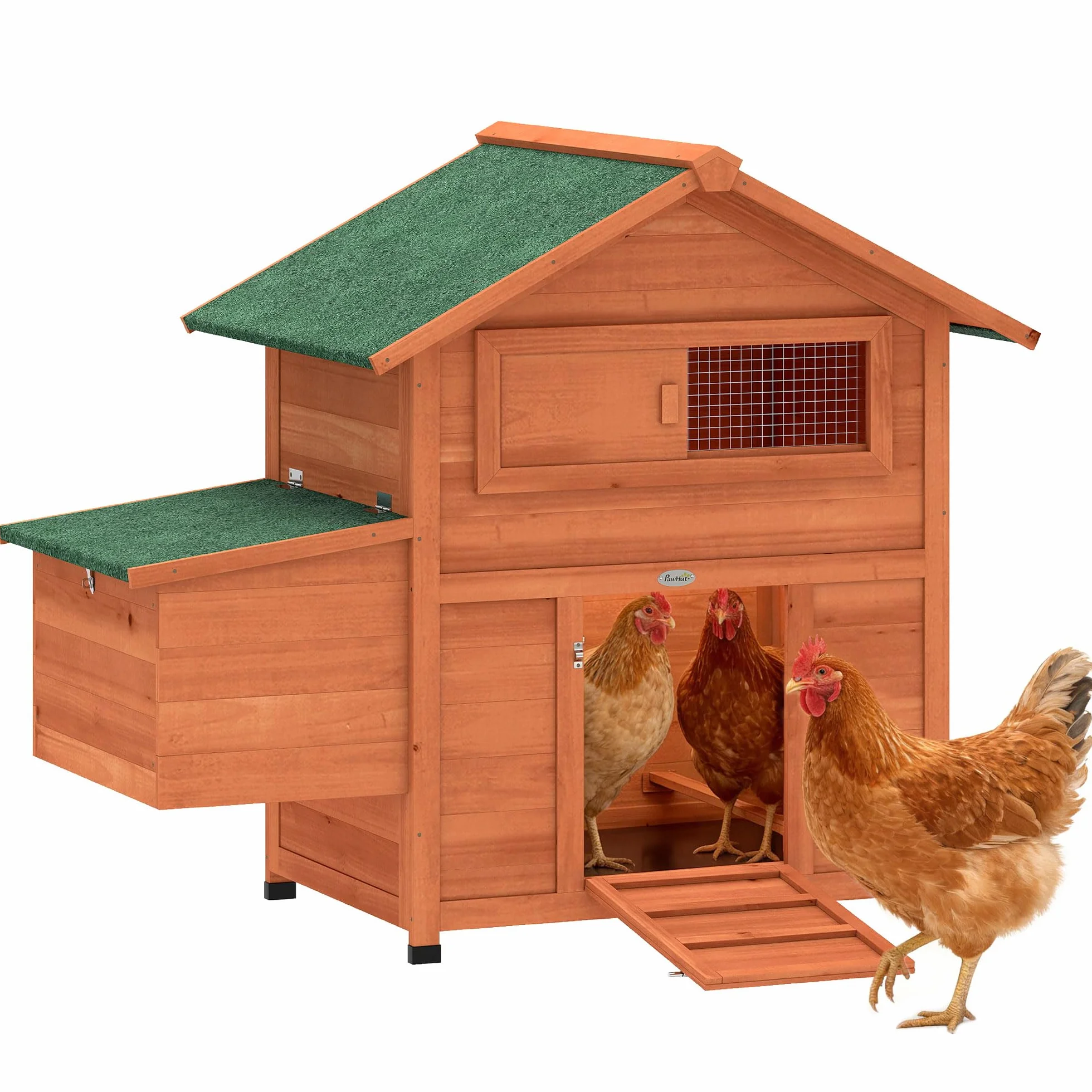 PawHut Pollaio in Legno con Nido, Pollaio per Galline Esterno, Tetto Impermeabile, Vassoio Estraibile, 2 Trespoli, Rampa, Finestra, Casetta per 2 Galline, Anatre, Giardino, 113.5x67.5x95.5cm,Arancione