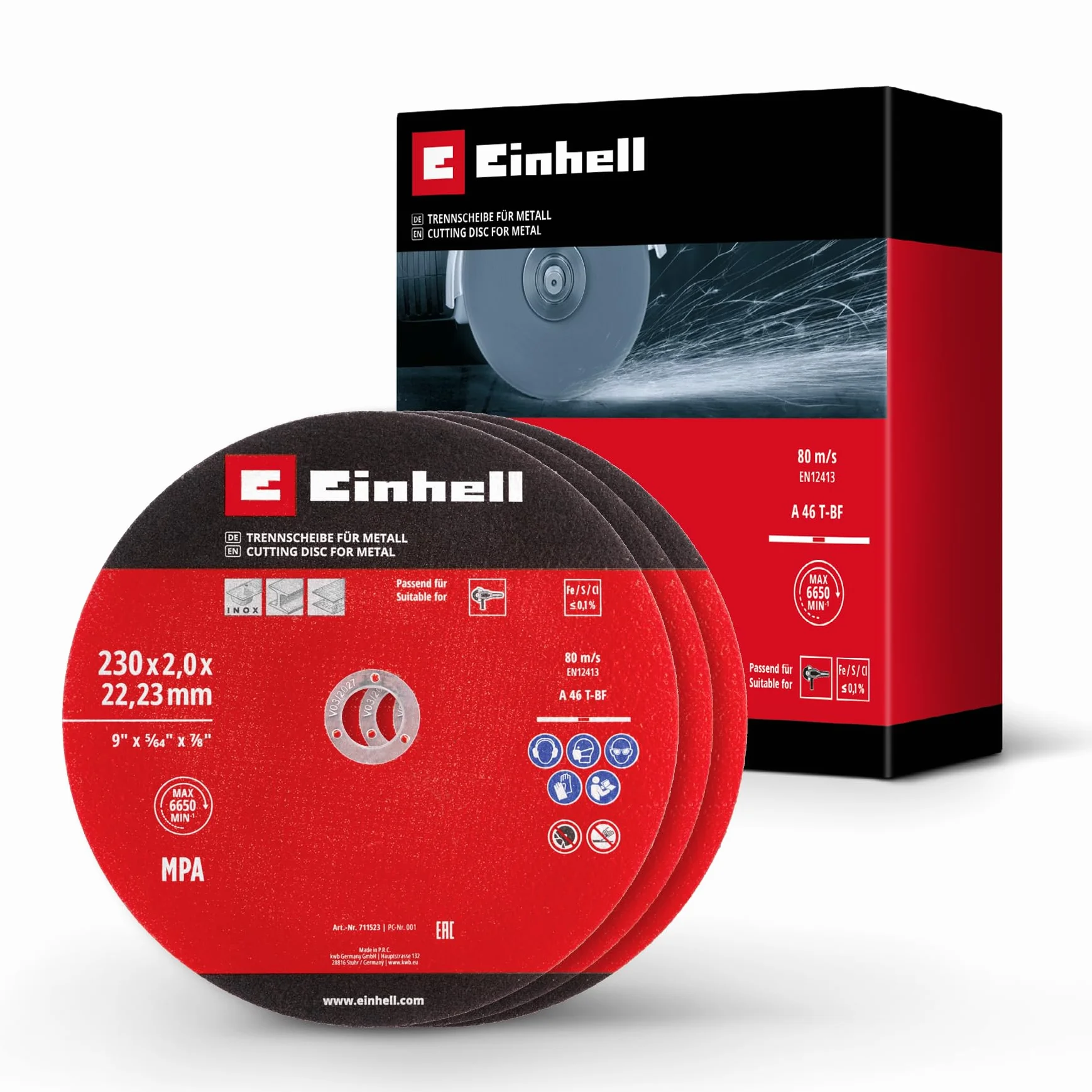 Originale Einhell Set di 3 pezzi di dischi da taglio sottili per metallo, Ø 230 mm (spessore 2 mm, certificato MPA, lunga durata, tagli precisi e a bassa sbavatura, per smerigliatrici angolari)