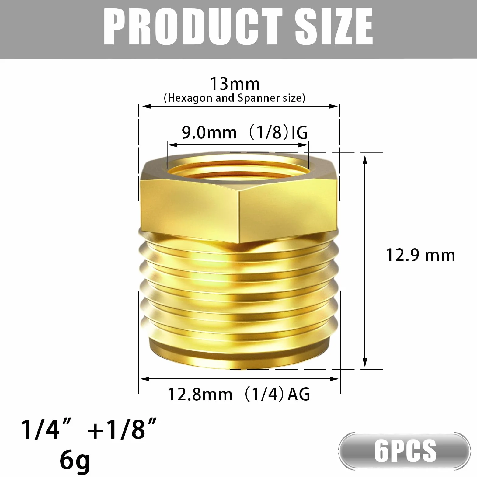 Riduttore in ottone 1/8 a 1/4 pollici filettatura esterna 1/4" x interna 1/8" raccordo per tubo 6 pezzi