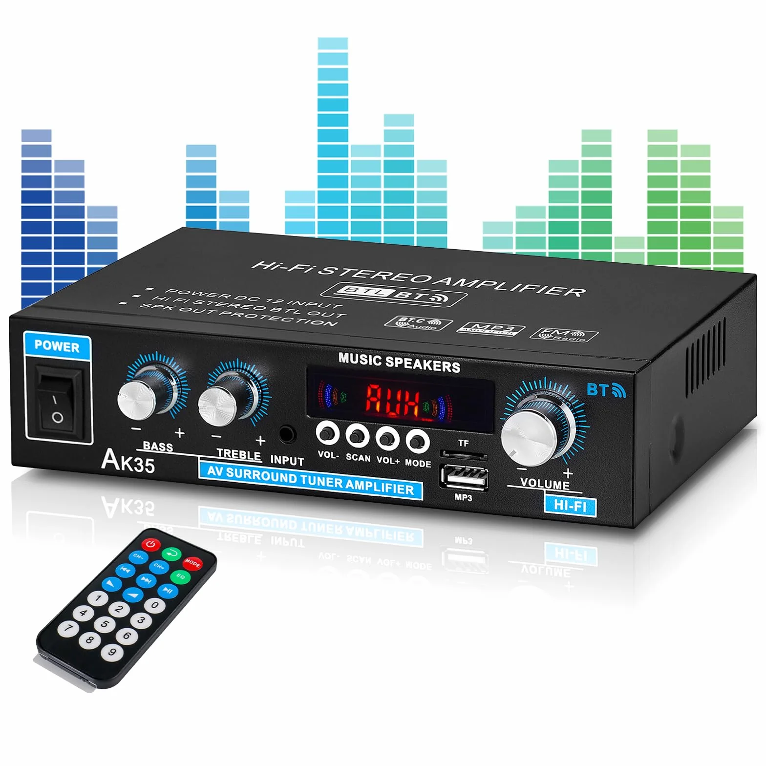 Amplificatore audio AK45, amplificatore stereo, amplificatore Bluetooth 5.0 HIFI con telecomando per auto e casa con ingresso MIC/SD/USB, radio FM