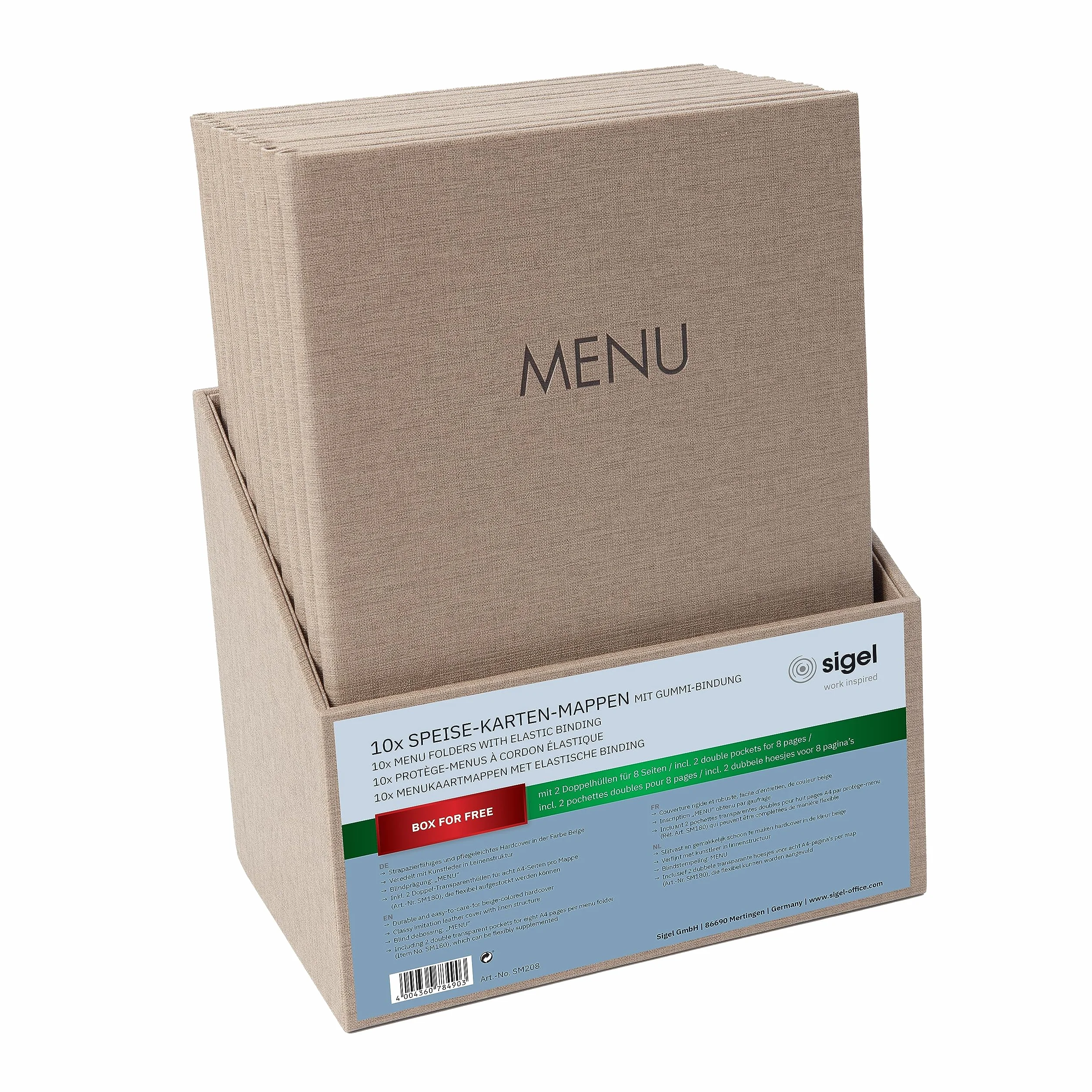 SIGEL SM208 Set di 10 Portamenù con cordino elastico e 2 tasche trasparenti per 8 fogli DIN A4, con stampa del menù, beige scuro