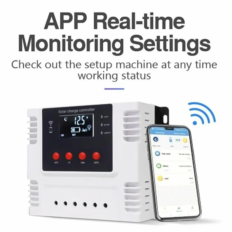 Regolatore di carica solare, regolatore intelligente della batteria del pannello solare con doppia porta USB, controllo della luce del timer, display LCD, con controllo APP WiFi (60A)