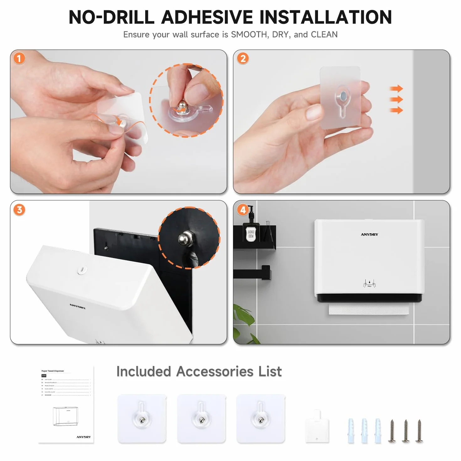 Anydry Dispenser di Asciugamani a Parete, Bianco, Plastica, Compatibile Piega a V e C, 25,4x7,9 cm, 200 Carta