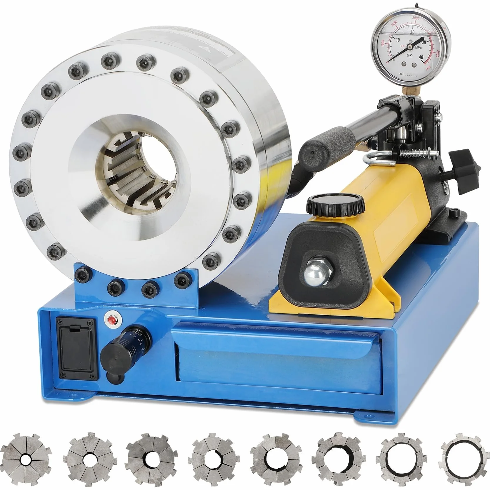 Kit crimpatrice per tubi oleodinamica Professionale | Forza 2000kN | 8 Matrici (10-30mm²) per Tubi R1/R2 da 1/4" a 1" | Crimpatrice per Riparazioni Auto, Agricole e Industriali | Certificato CE.
