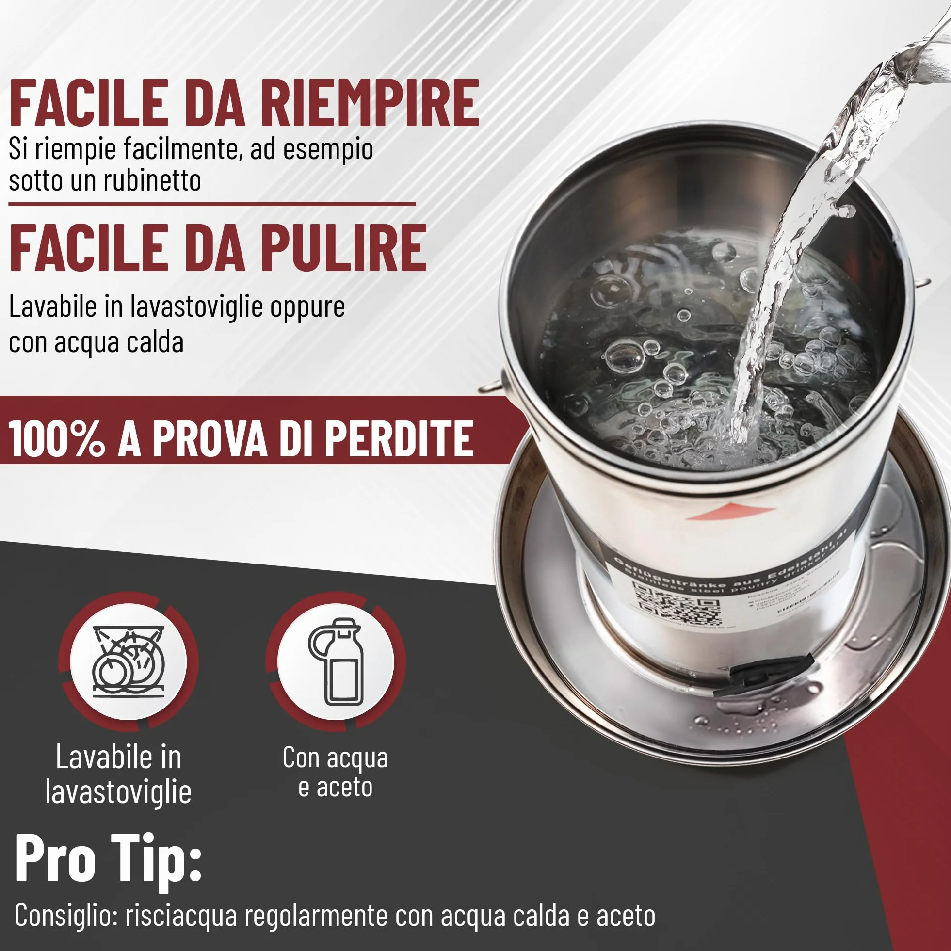 Abbeveratoio per Galline 4L in Acciaio Inox 304 (V2A) – Riempimento dall'alto, compatibile con riscaldatori e piastre riscaldanti, per pollaio