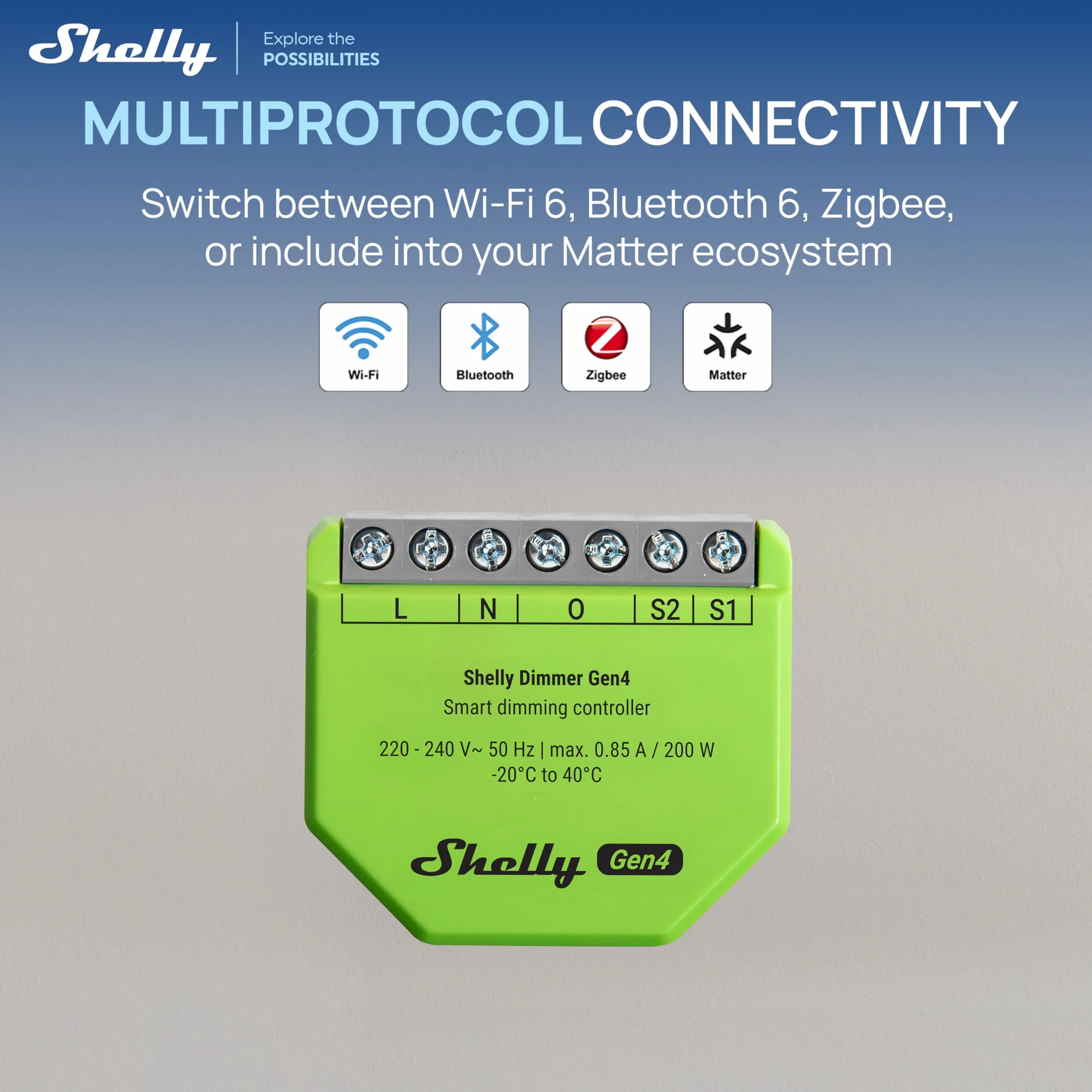 Shelly Dimmer Gen4 - Dimmer Smart WiFi, Certificato Matter, Per Luci Dimmerabili, Interruttore Zigbee, LED Strip, Timer, Senza Neutro, Nessun Hub Richiesto, Alexa, Google Home e Apple HomeKit