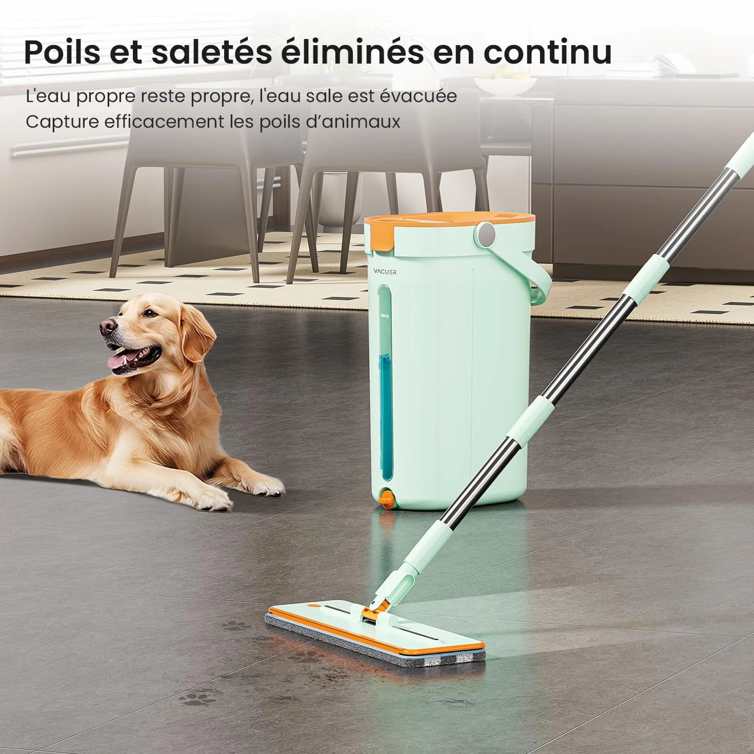 Scopa mocio centrifuga piatta 3 serbatoi K1-Pro, reale separazione acqua pulita e sporca, pulizia igienica senza sforzo, manico regolabile NOX, testa XL, x10 microfibra lavabili, marca francese