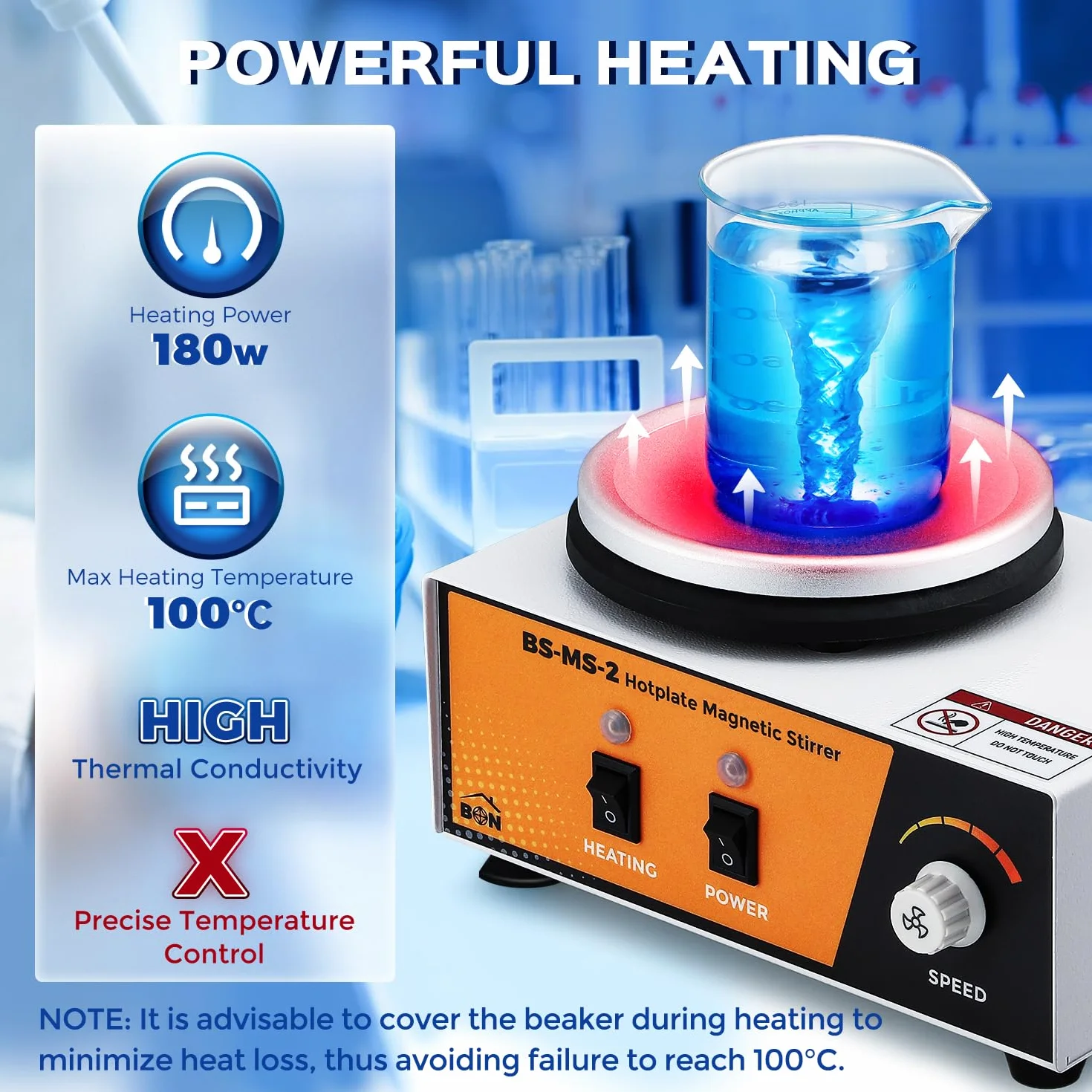 Bonvoisin Agitatore Magnetico con Piastra Riscaldante, Mixer da Laboratorio da 2L 0-2600rpm 100℃ con Asta di Supporto Sensori Flessibile, 120 * 120mm 180W Potenza di Riscaldamento (EU)