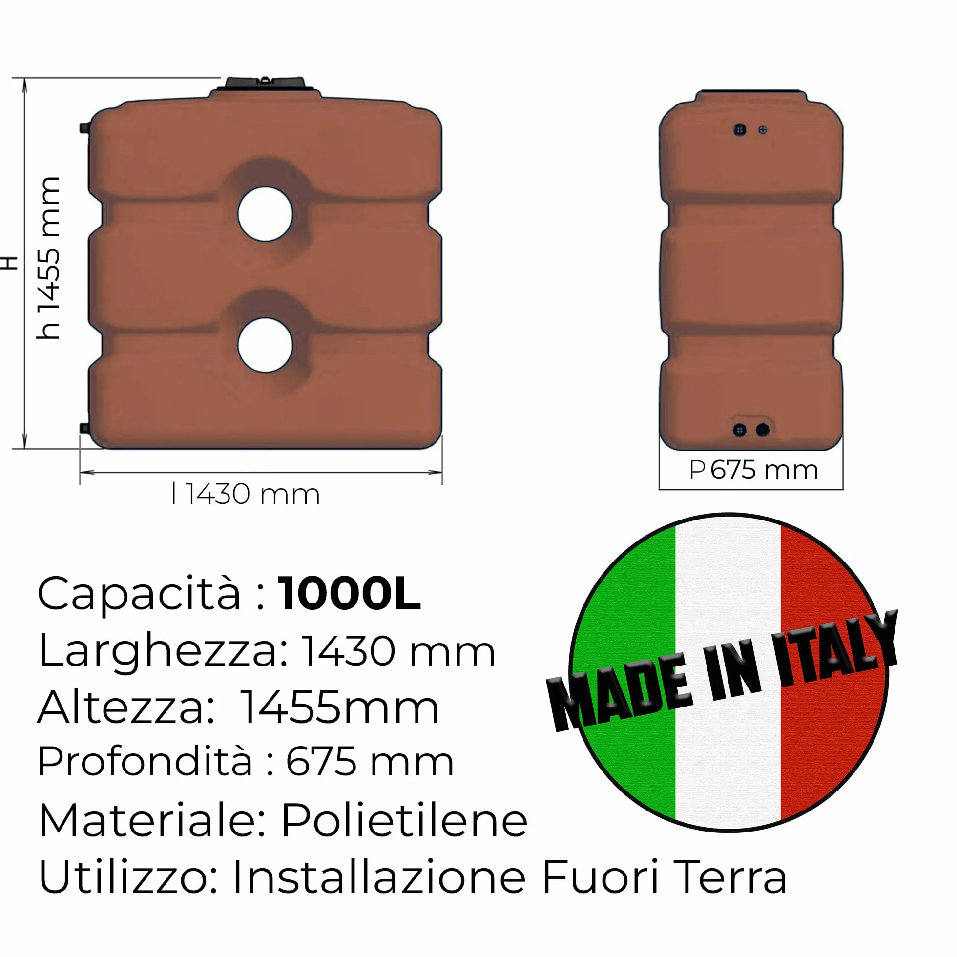 ESTO Serbatoio Acqua Verticale FINTA TERRACOTTA 1000L Cisterna Biforo, Bidone in Polietilene, Potabile o Piovana con Press Control e Pompa Elettrica (1000 Litri)
