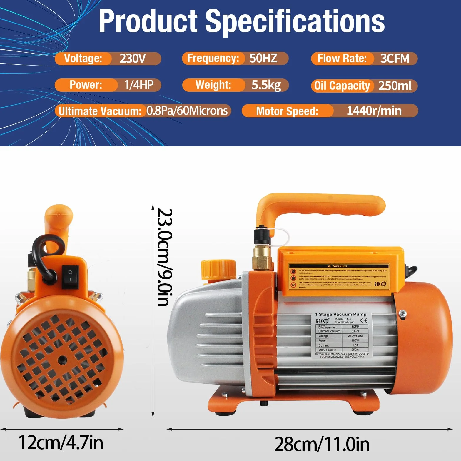 BACOENG Pompa a Vuoto 3 CFM per Refrigerazione e Climatizzazione, Pompa Monostadio 1/4 HP, 1440 giri/min, Elettrica per Sistemi di Refrigerazione Automotivi